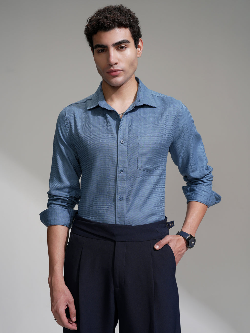 Highlander Men Blue Self Design Slim Fit Casual Shirt - Blue - Image 1