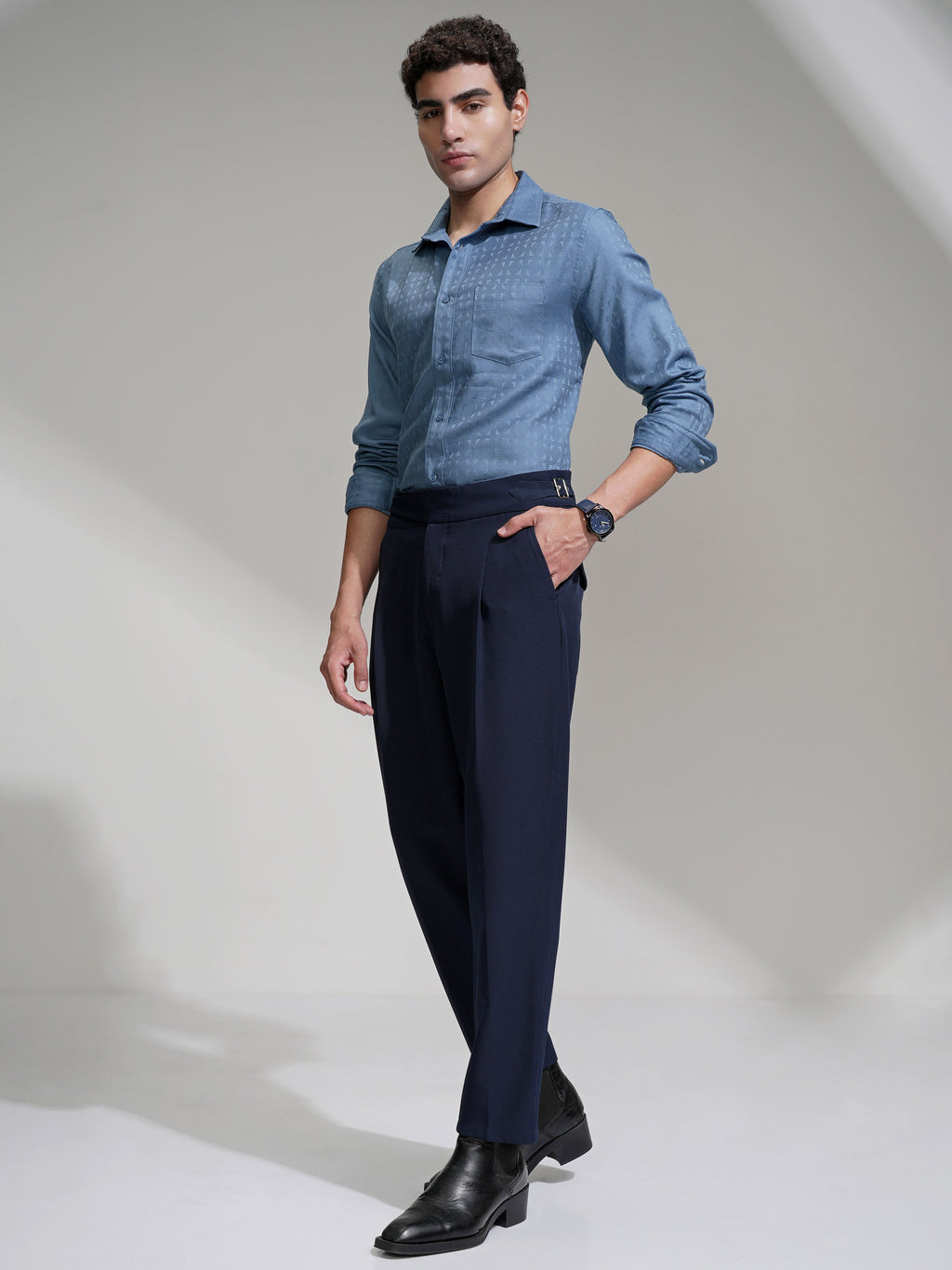 Highlander Men Blue Self Design Slim Fit Casual Shirt - Blue - Image 2