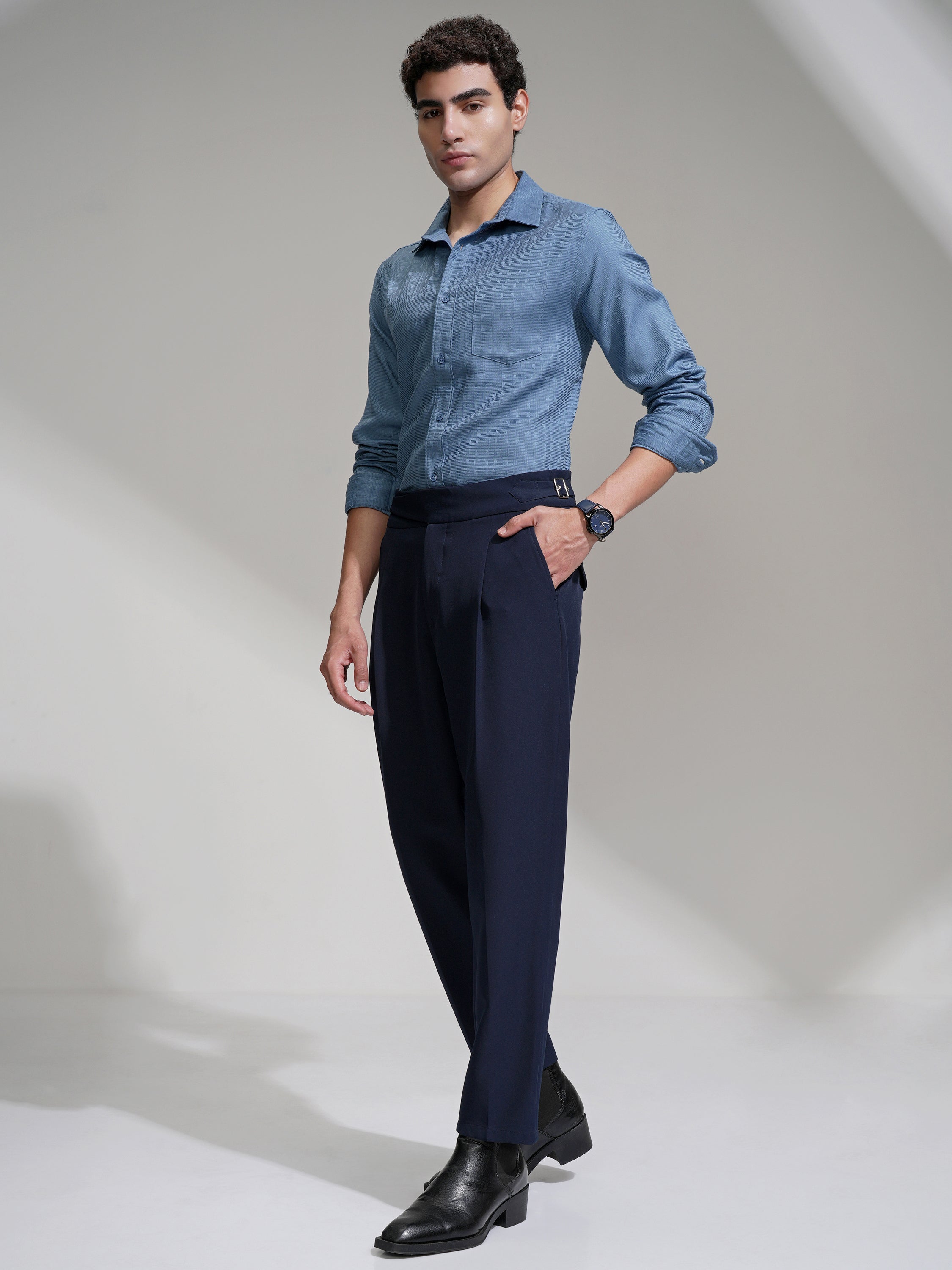 Highlander Men Blue Self Design Slim Fit Casual Shirt - Blue - Image 2