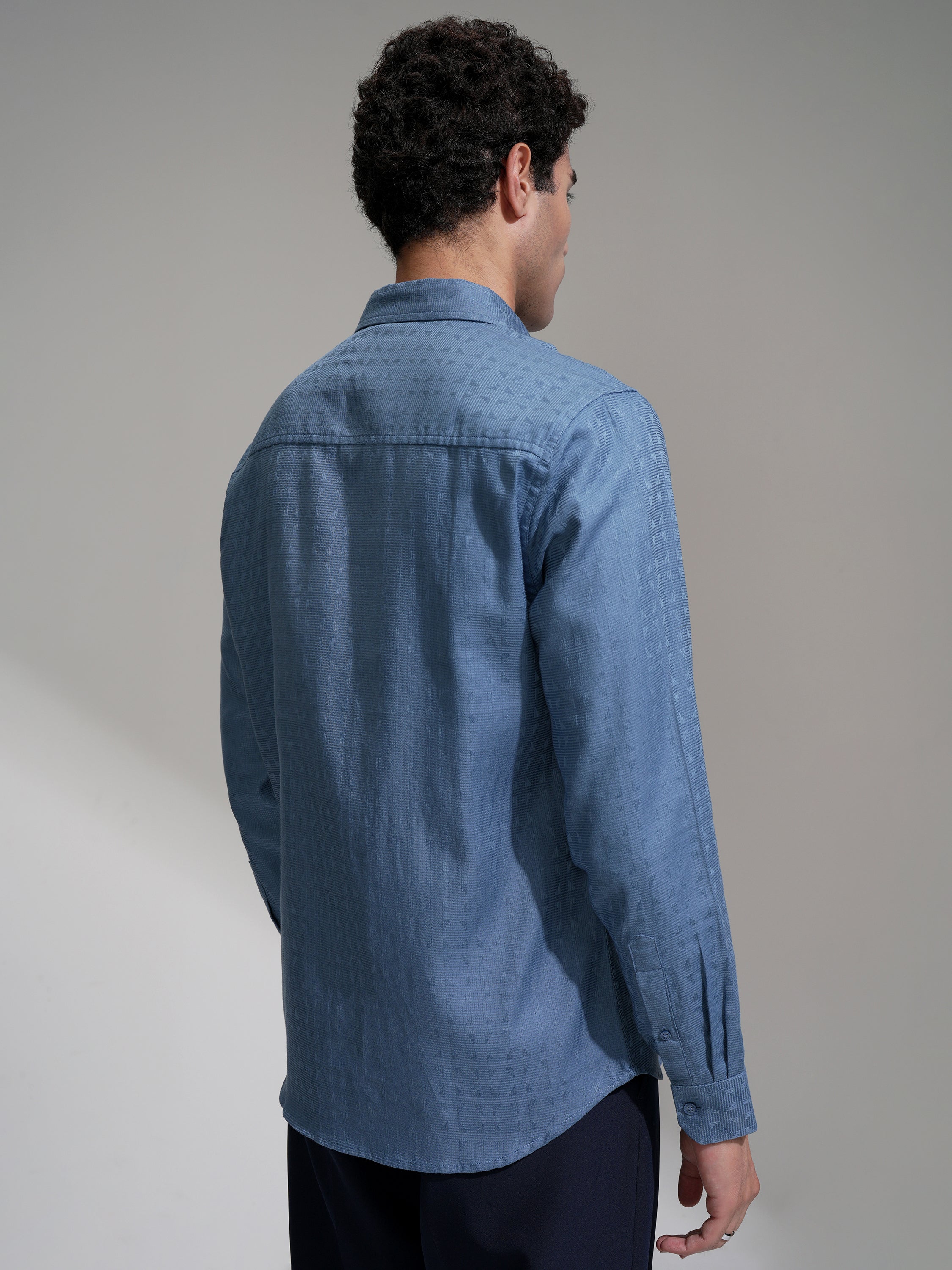 Highlander Men Blue Self Design Slim Fit Casual Shirt - Blue - Image 3