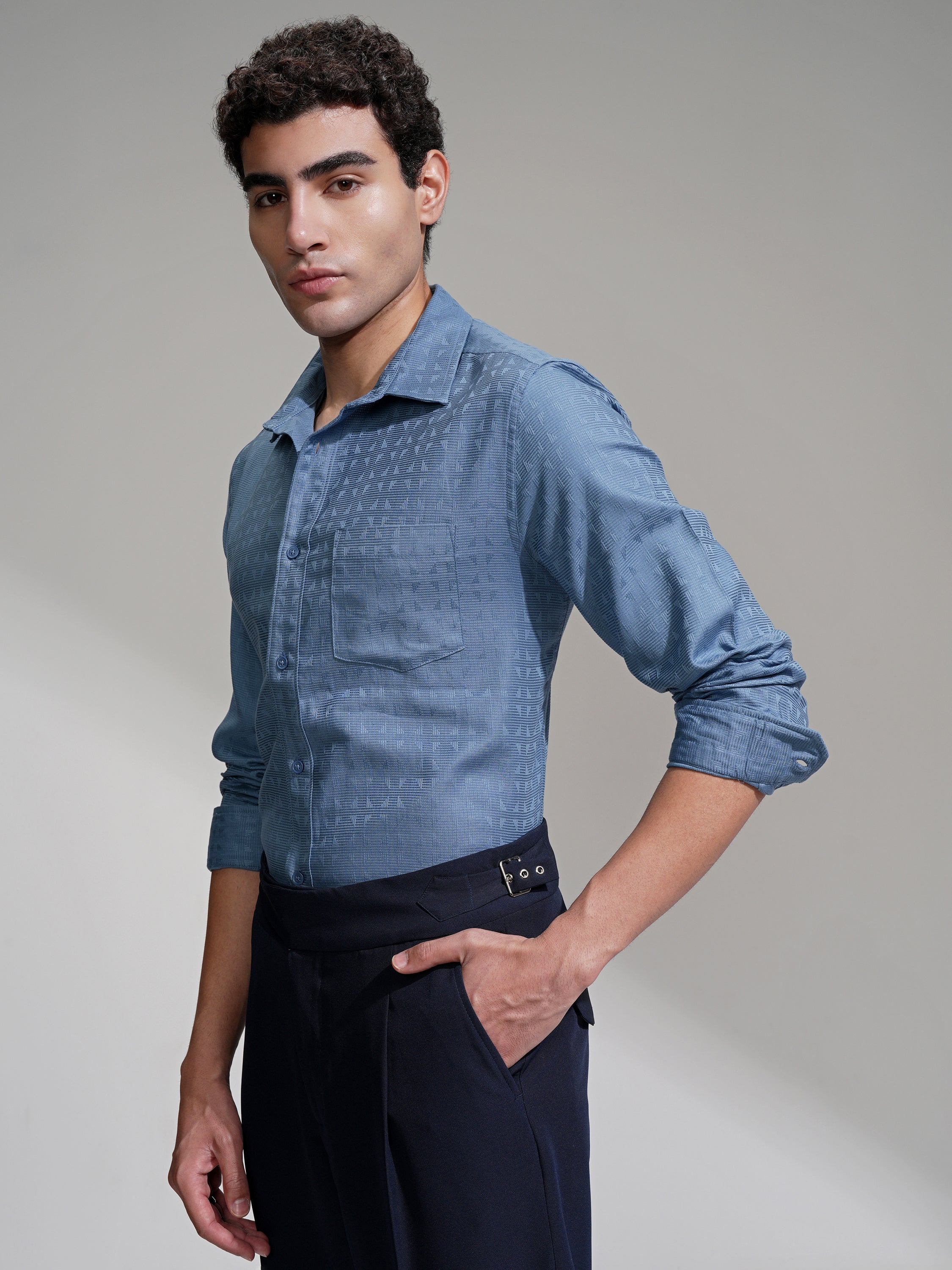 Highlander Men Blue Self Design Slim Fit Casual Shirt - Blue - Image 4