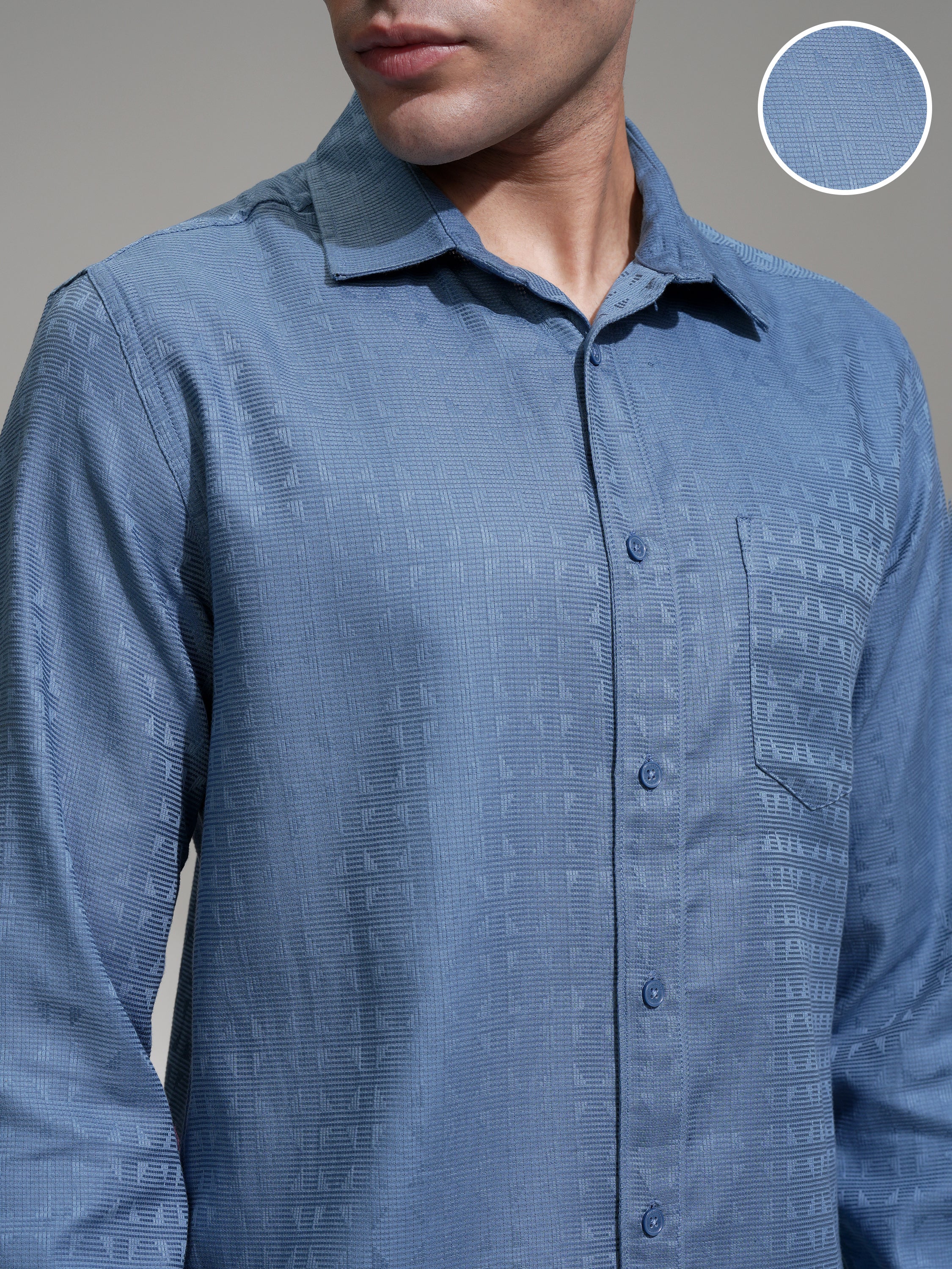 Highlander Men Blue Self Design Slim Fit Casual Shirt - Blue - Image 5