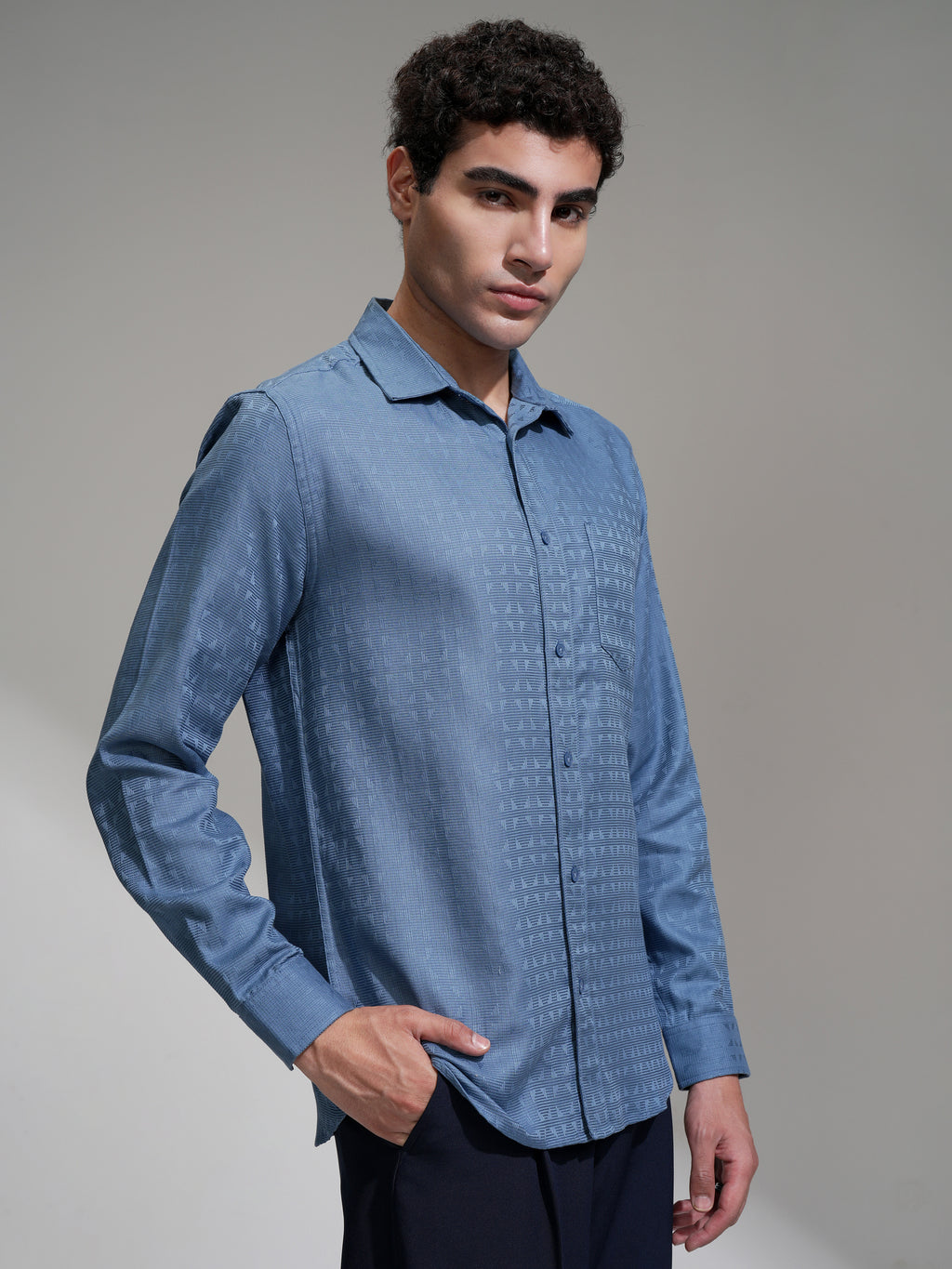 Highlander Men Blue Self Design Slim Fit Casual Shirt - Blue - Image 6