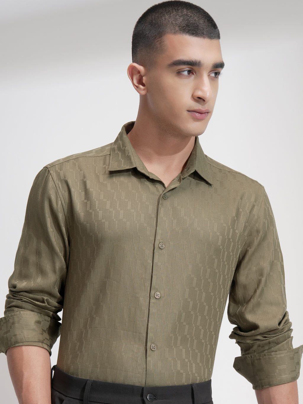 Highlander Men Olive Self Design Slim Fit Casual Shirt - Olive - Image 1