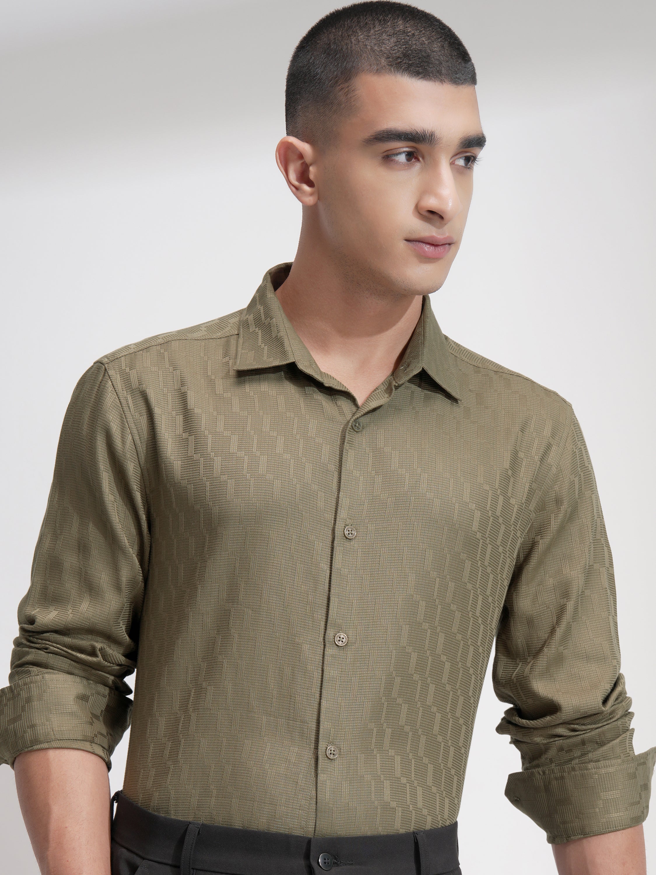 Highlander Men Olive Self Design Slim Fit Casual Shirt - Olive - Image 1