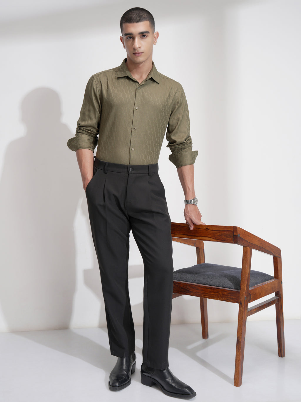 Highlander Men Olive Self Design Slim Fit Casual Shirt - Olive - Image 2