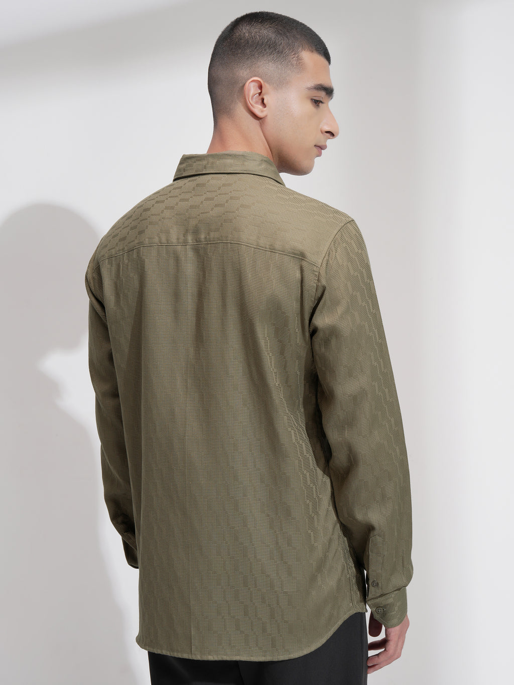 Highlander Men Olive Self Design Slim Fit Casual Shirt - Olive - Image 3