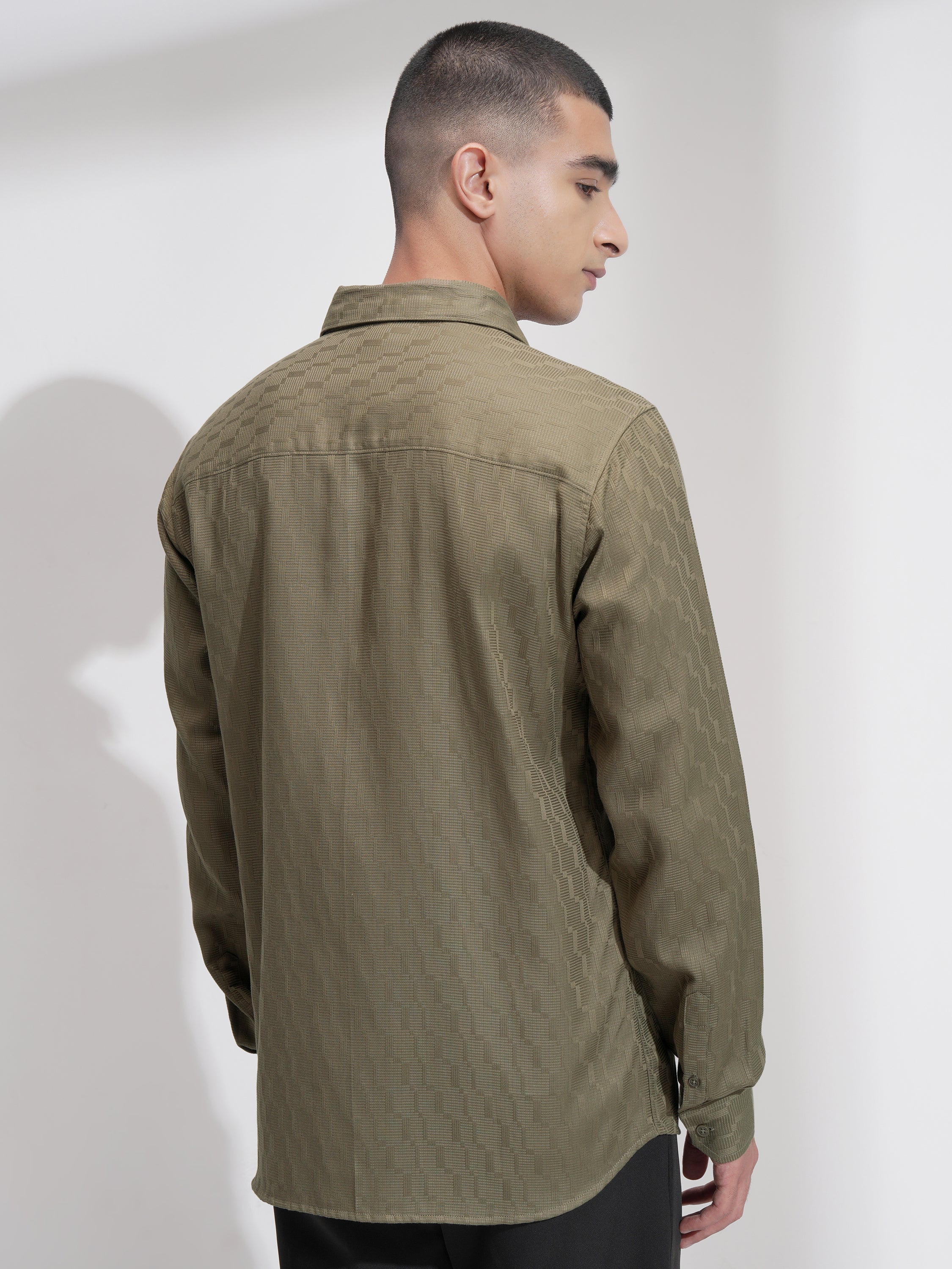 Highlander Men Olive Self Design Slim Fit Casual Shirt - Olive - Image 3
