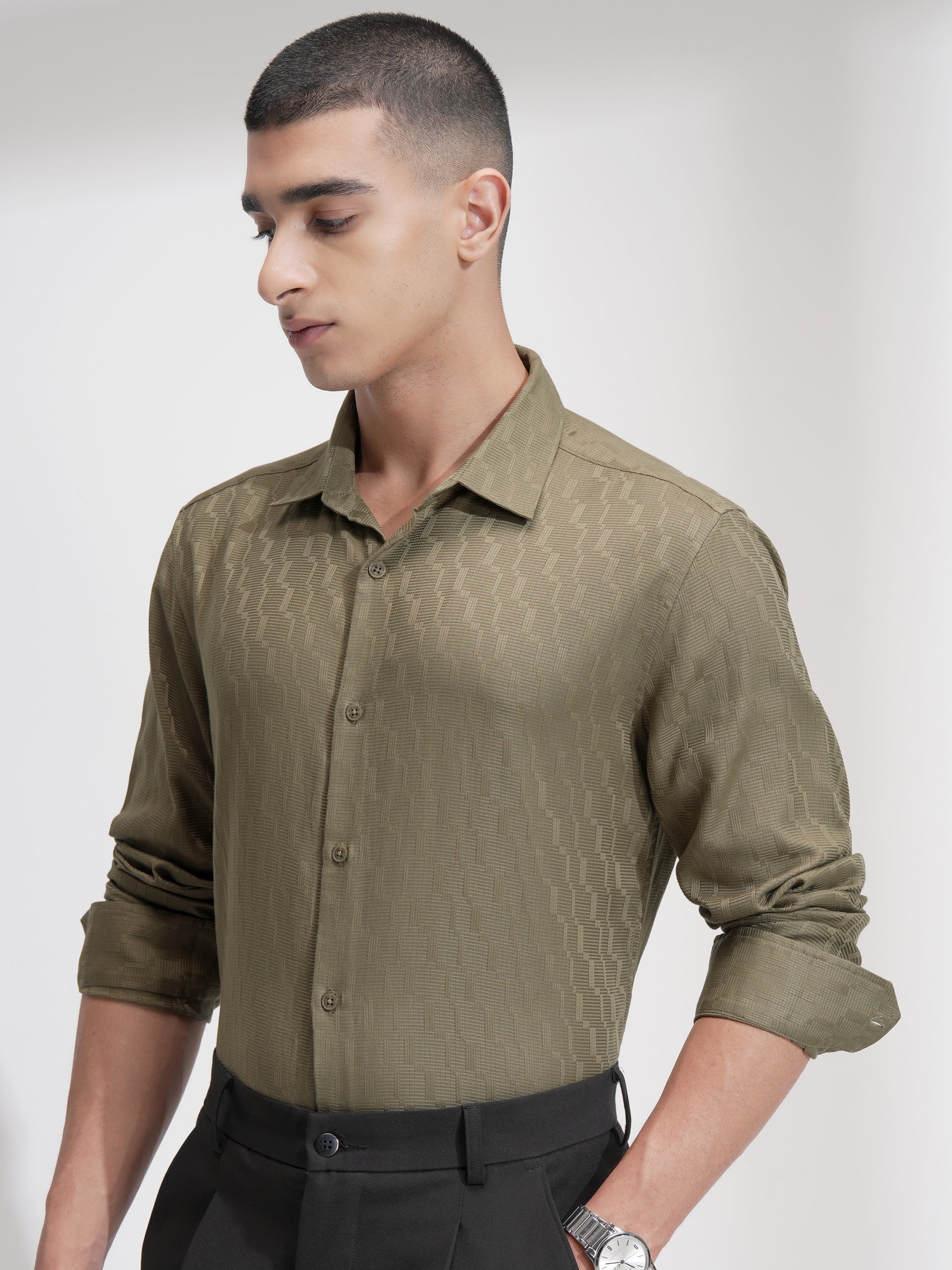 Highlander Men Olive Self Design Slim Fit Casual Shirt - Olive - Image 4