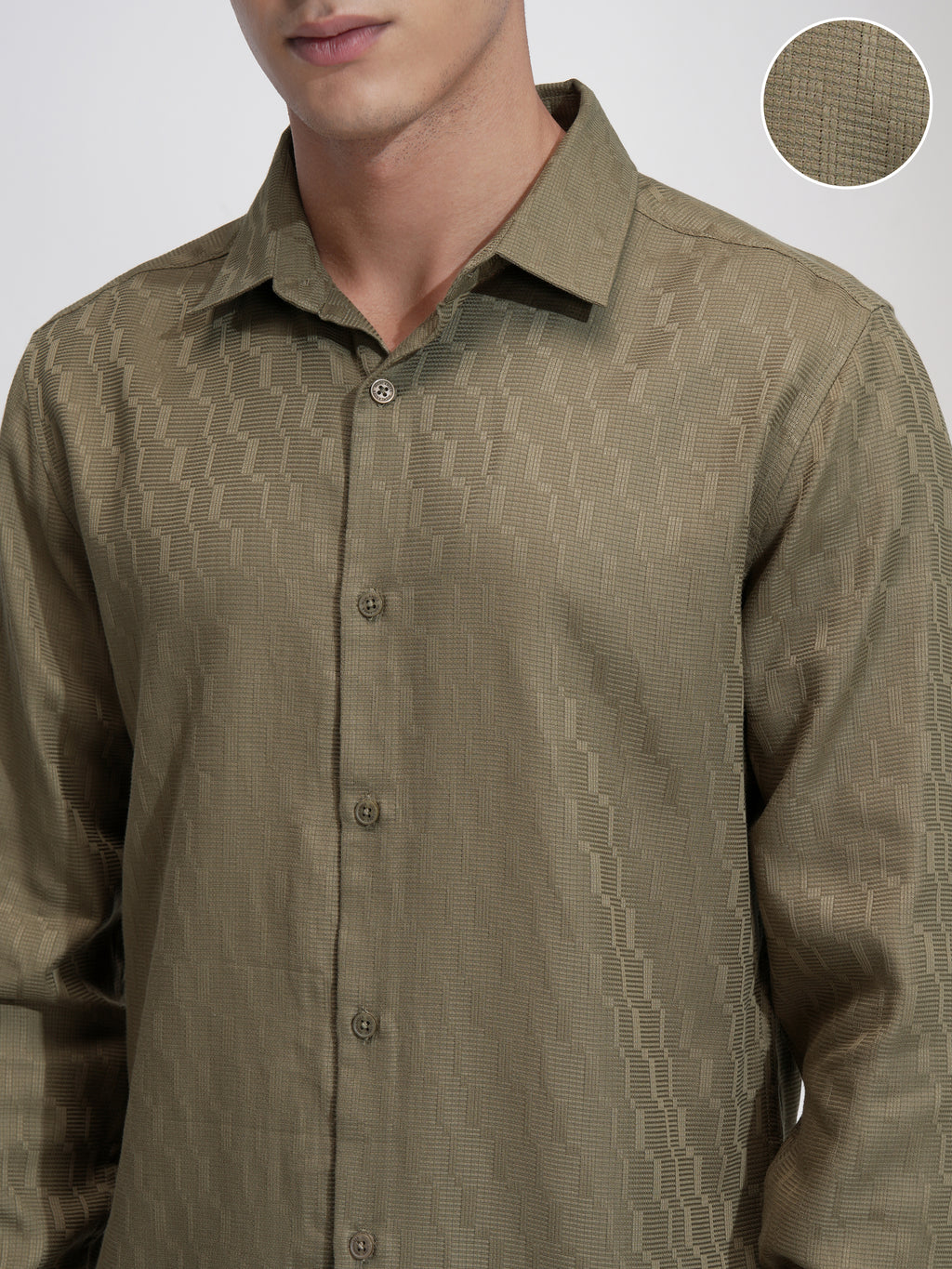Highlander Men Olive Self Design Slim Fit Casual Shirt - Olive - Image 5