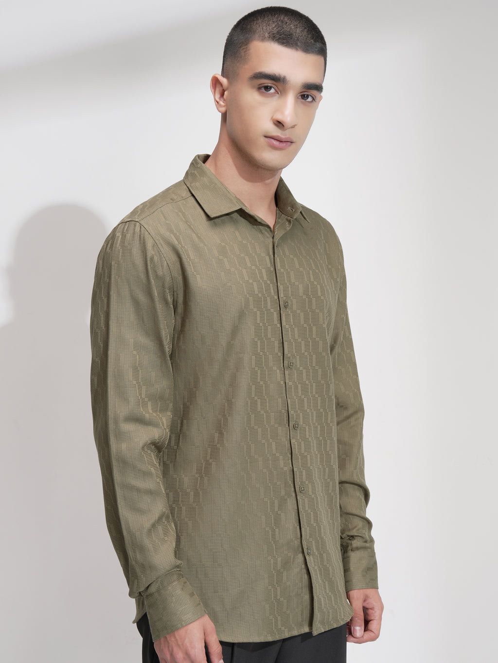 Highlander Men Olive Self Design Slim Fit Casual Shirt - Olive - Image 6