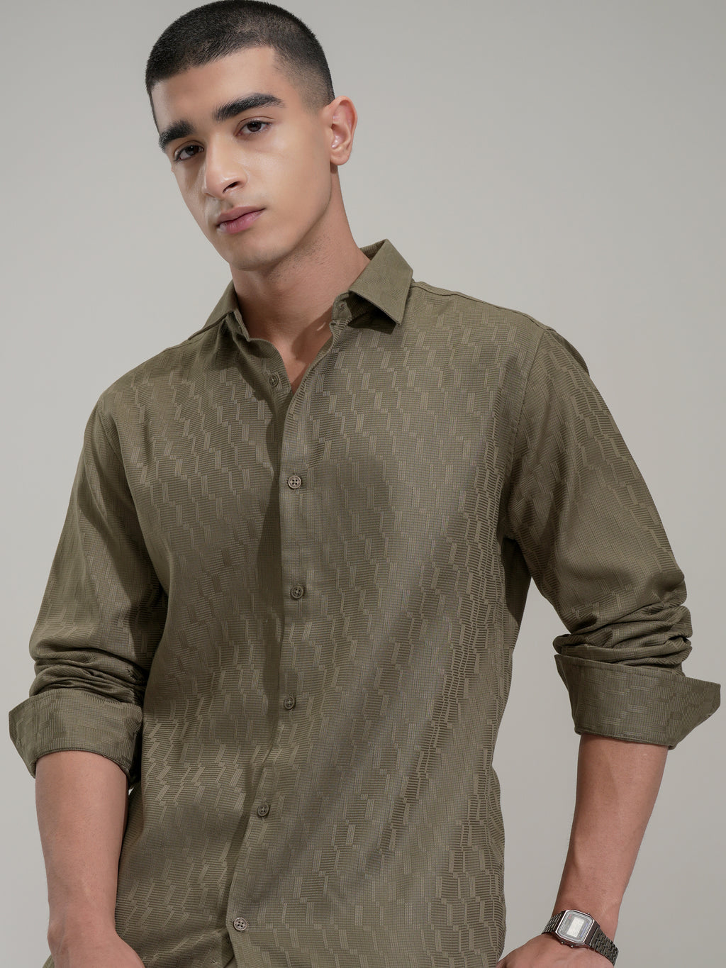 Highlander Men Olive Self Design Slim Fit Casual Shirt - Olive - Image 1