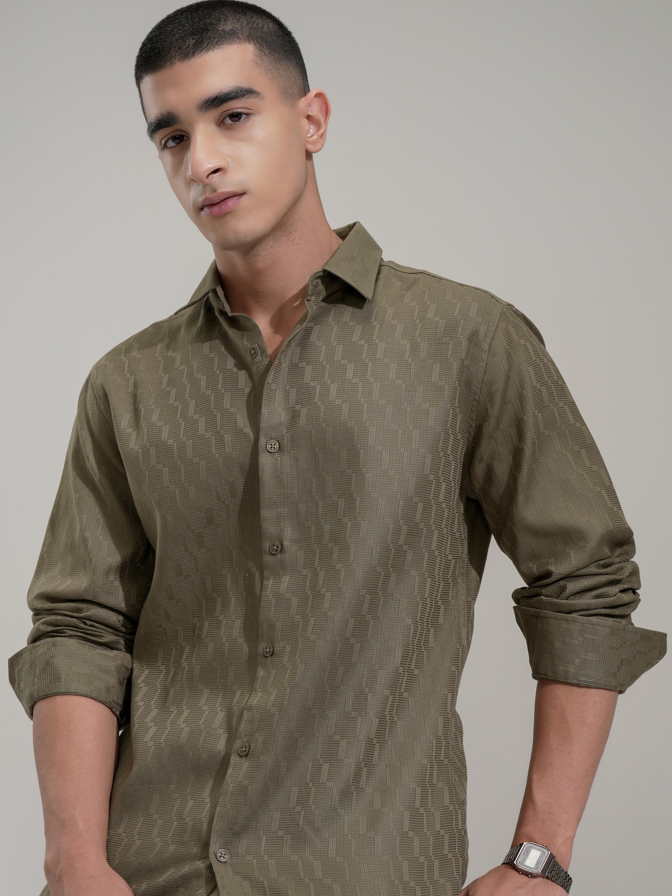 Highlander Men Olive Self Design Slim Fit Casual Shirt - Olive - Image 1