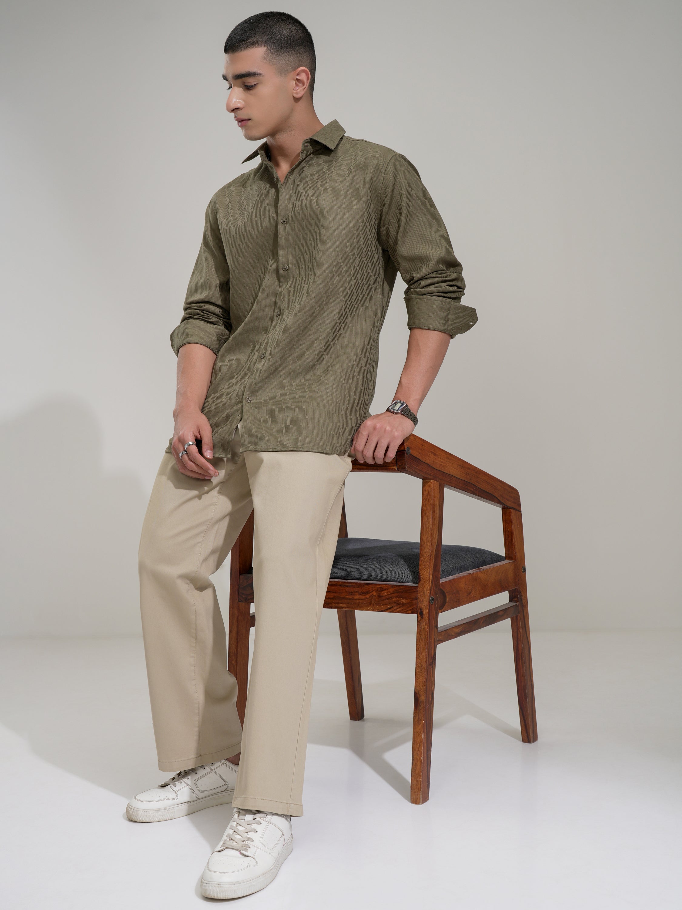 Highlander Men Olive Self Design Slim Fit Casual Shirt - Olive - Image 2
