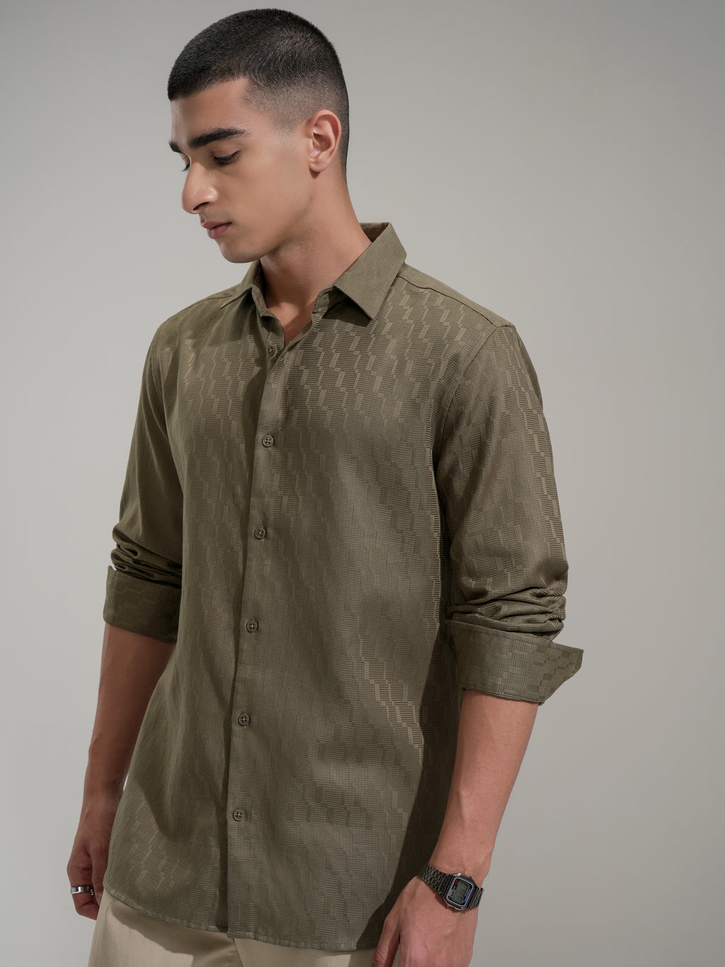 Highlander Men Olive Self Design Slim Fit Casual Shirt - Olive - Image 4