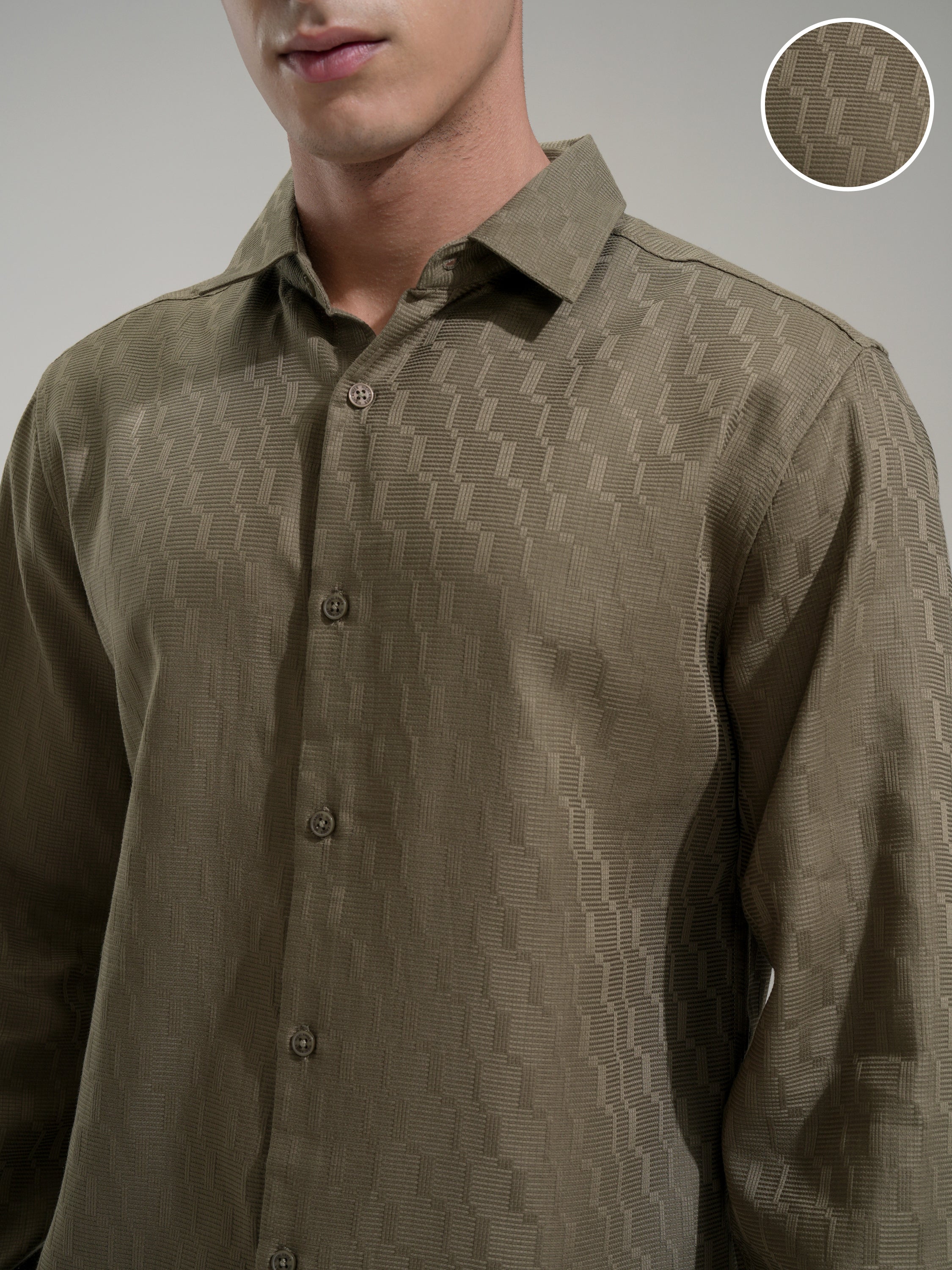 Highlander Men Olive Self Design Slim Fit Casual Shirt - Olive - Image 5