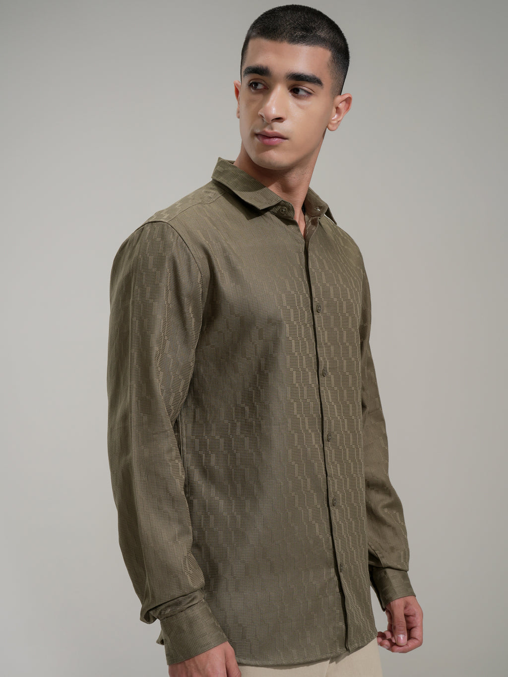 Highlander Men Olive Self Design Slim Fit Casual Shirt - Olive - Image 6