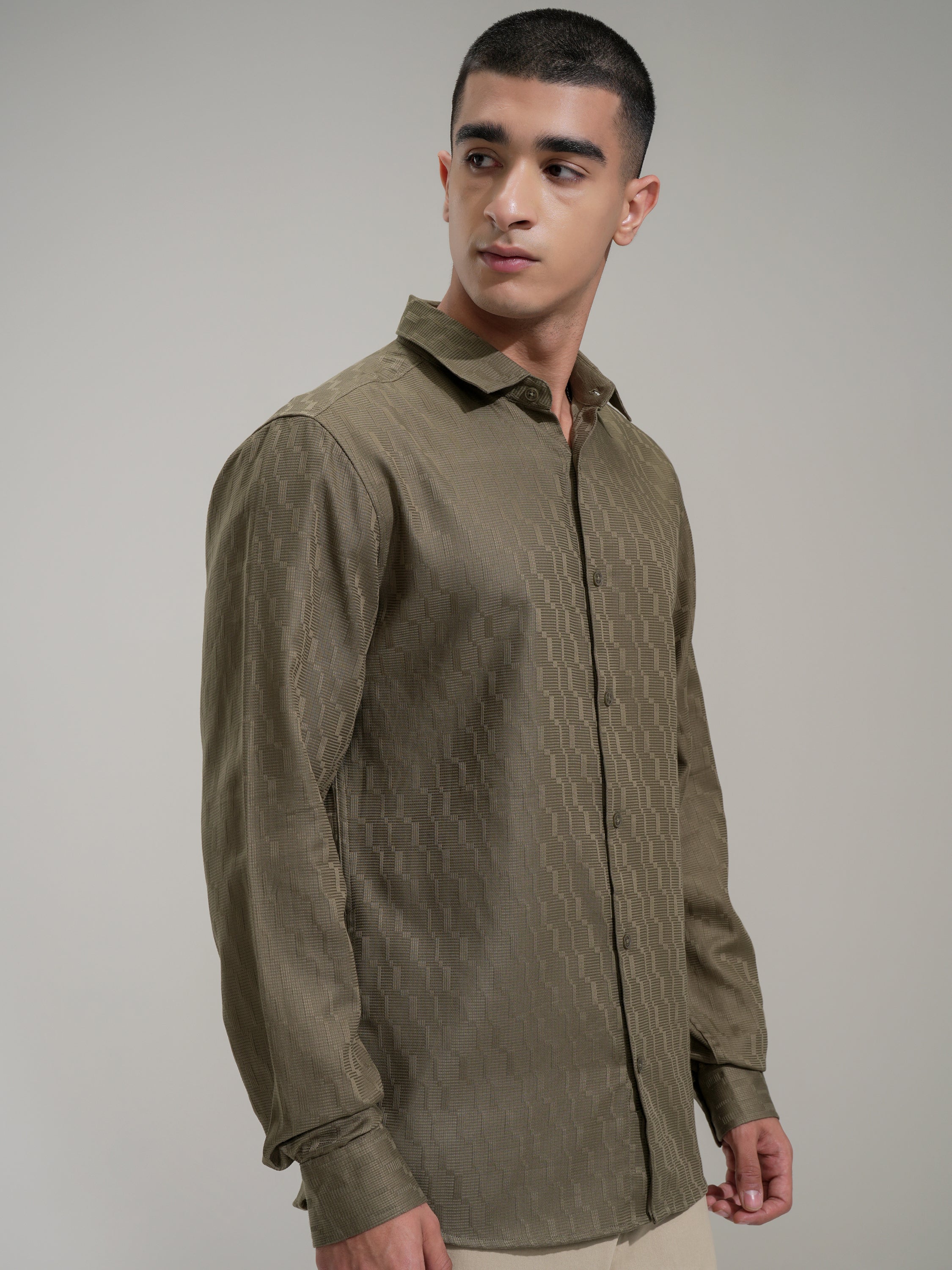 Highlander Men Olive Self Design Slim Fit Casual Shirt - Olive - Image 6