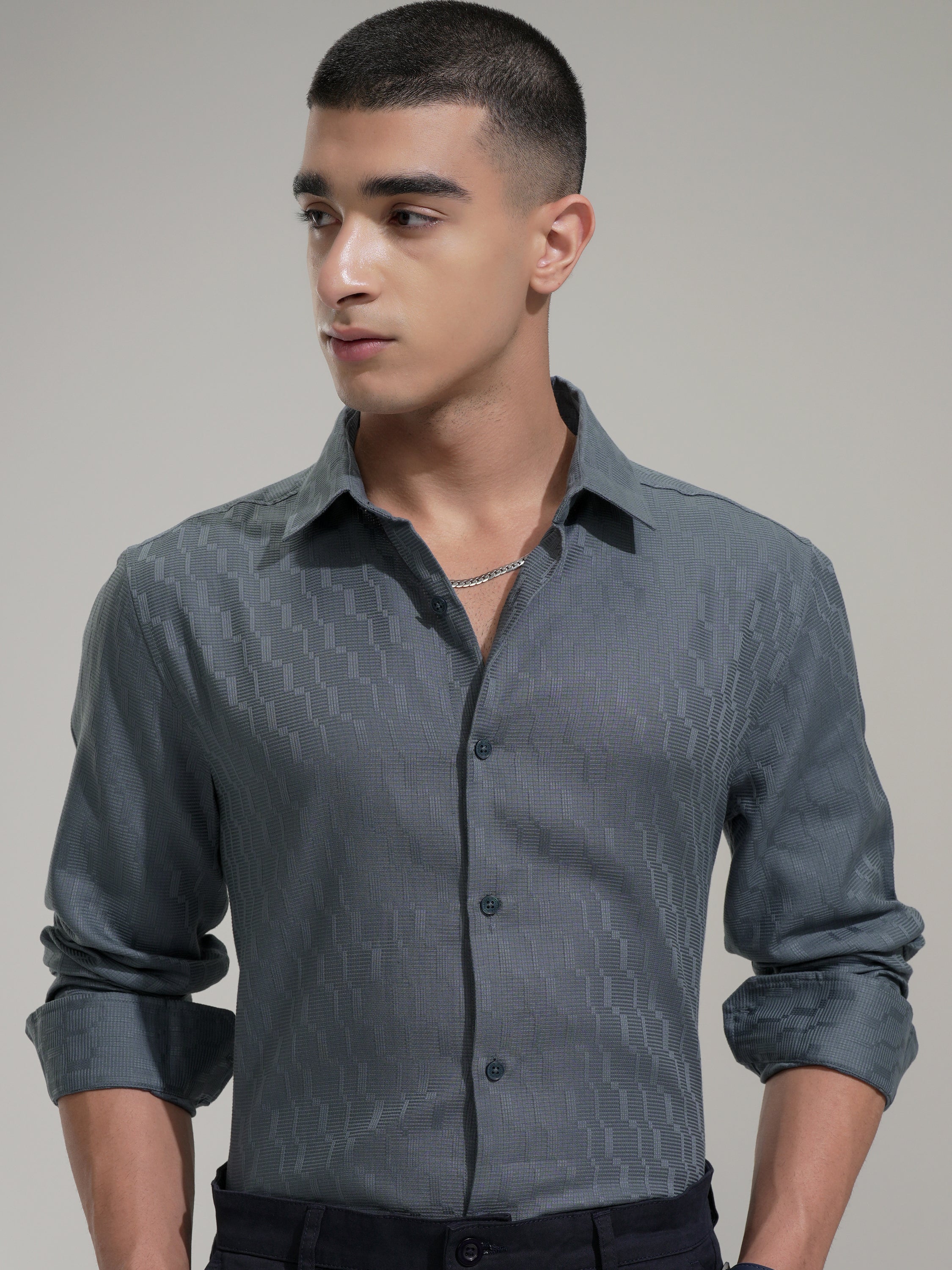 Highlander Men Blue Self Design Slim Fit Casual Shirt - Blue - Image 1