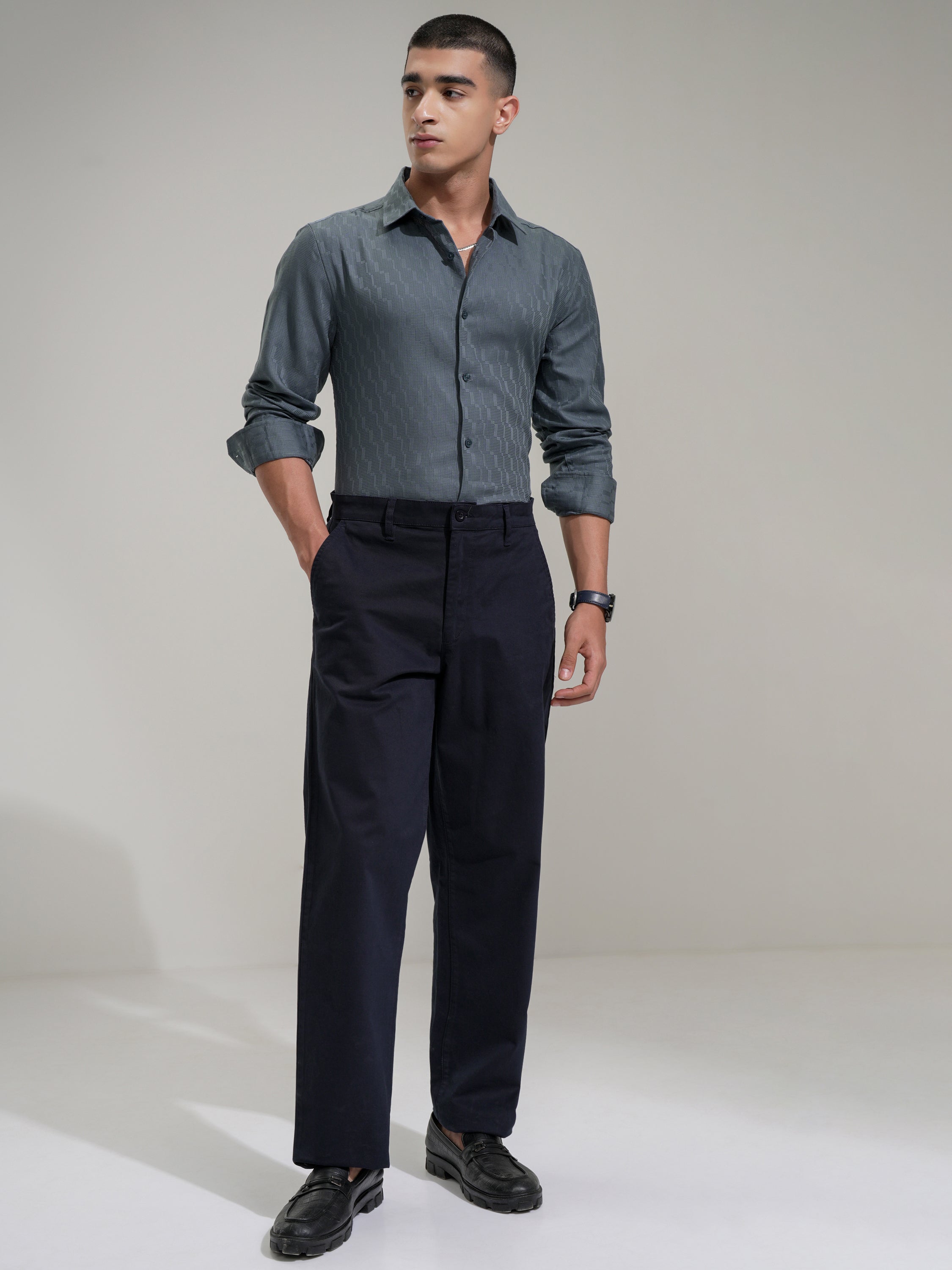 Highlander Men Blue Self Design Slim Fit Casual Shirt - Blue - Image 2
