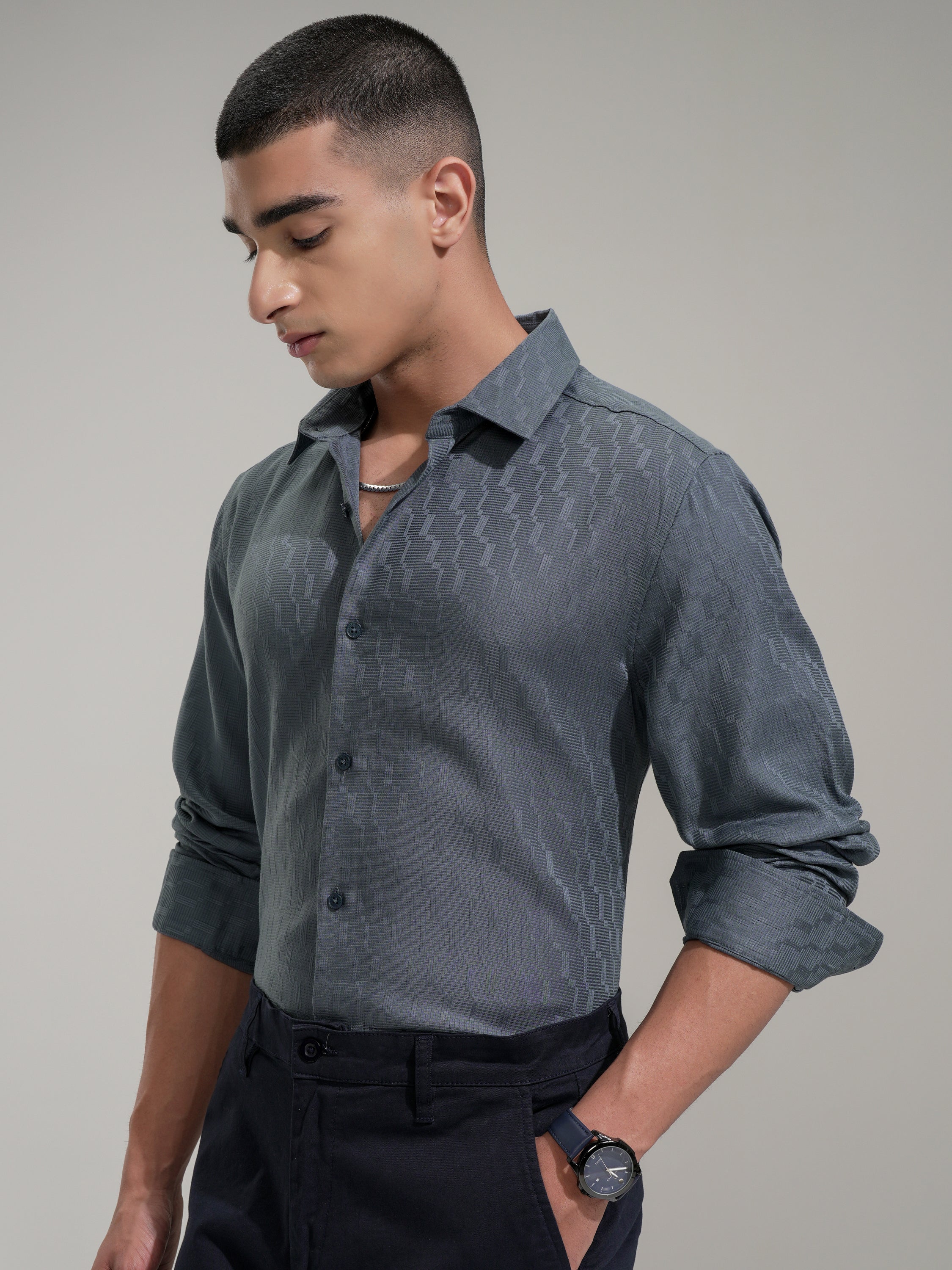 Highlander Men Blue Self Design Slim Fit Casual Shirt - Blue - Image 4