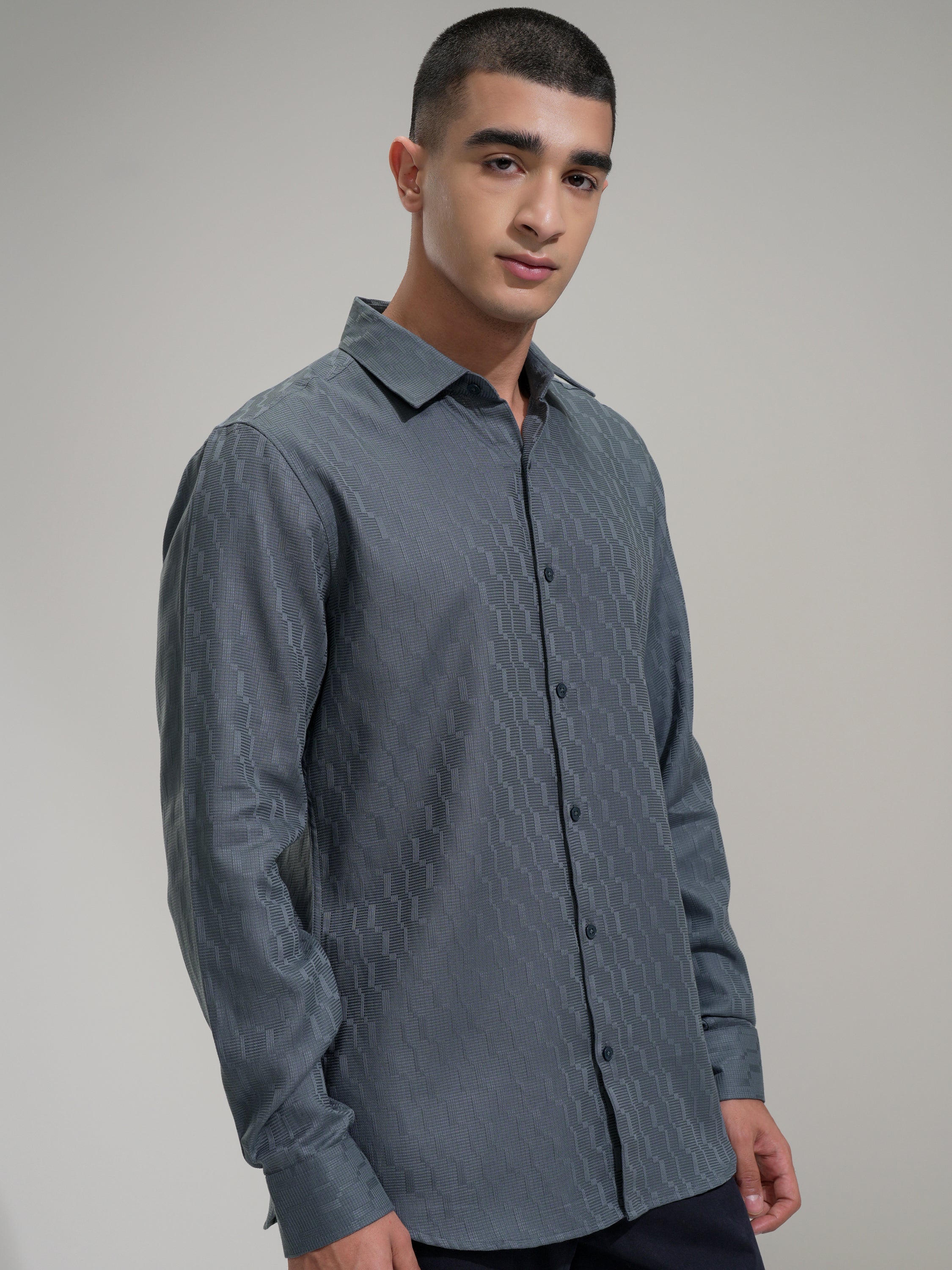 Highlander Men Blue Self Design Slim Fit Casual Shirt - Blue - Image 6