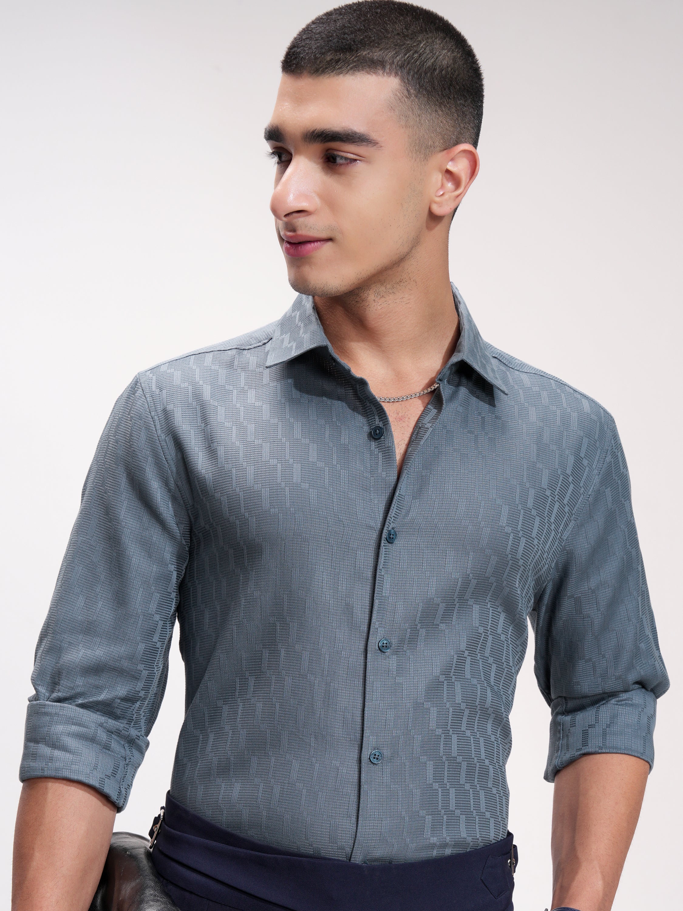 Highlander Men Blue Self Design Slim Fit Casual Shirt - Blue - Image 1