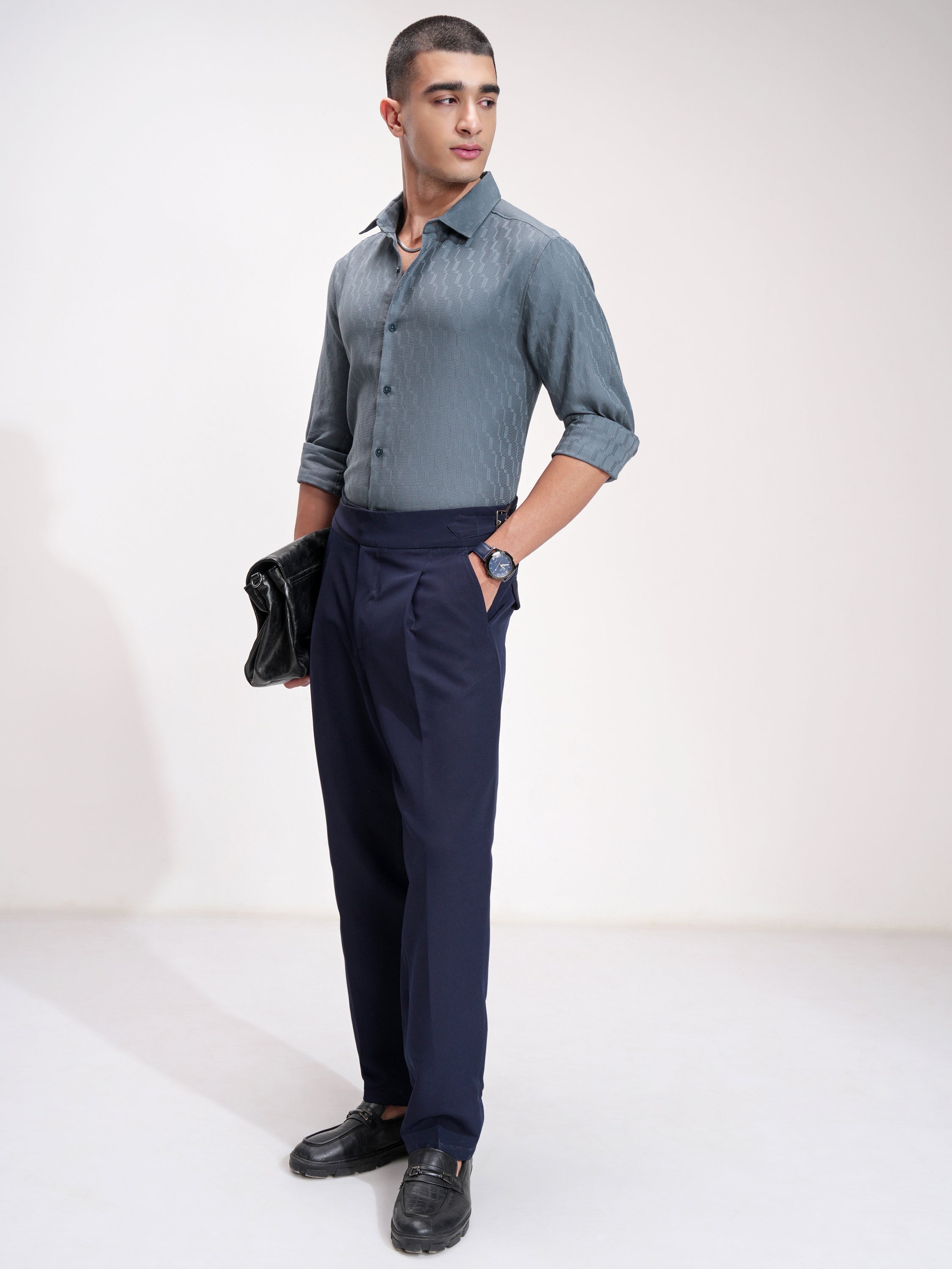 Highlander Men Blue Self Design Slim Fit Casual Shirt - Blue - Image 2