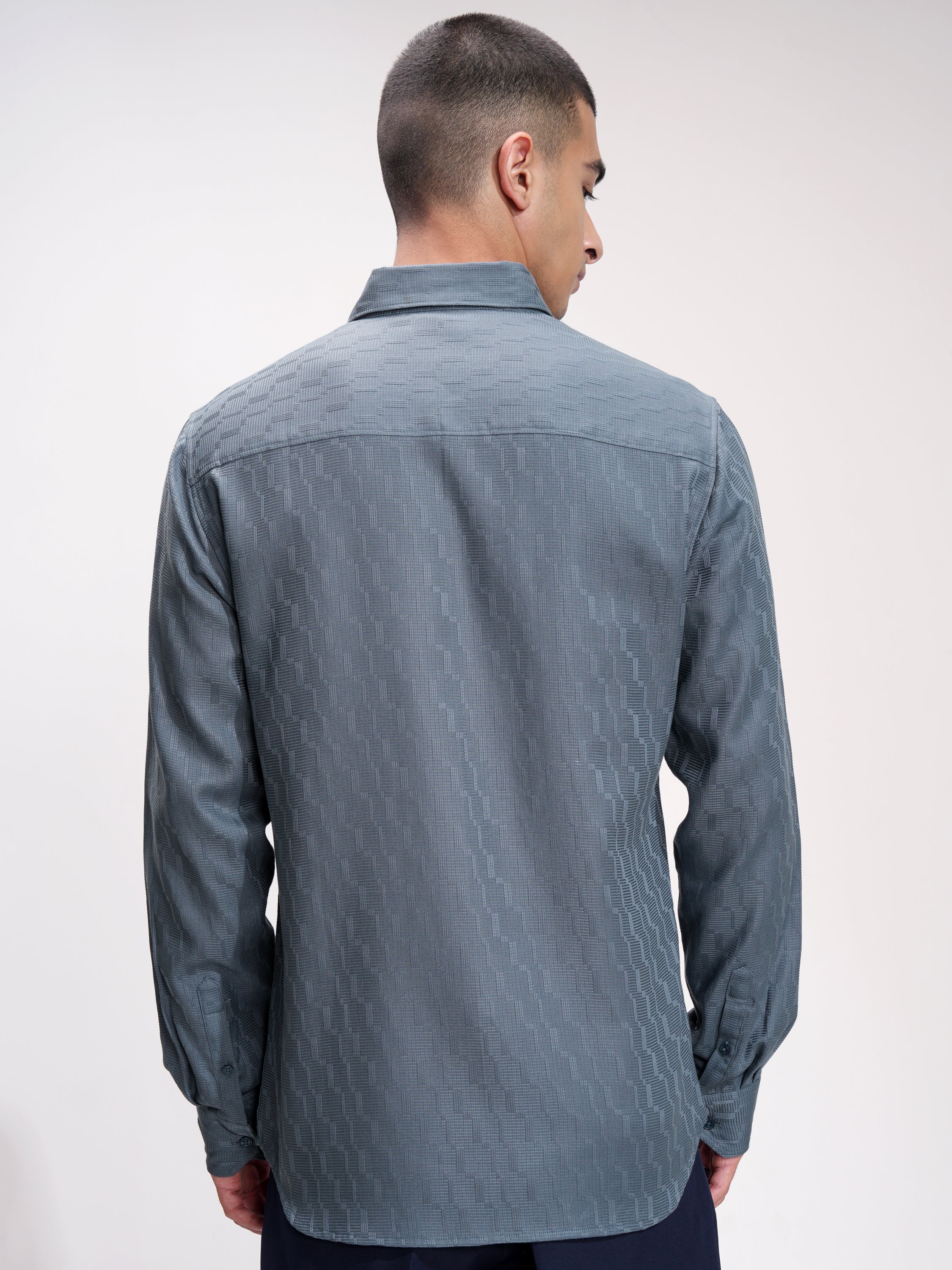 Highlander Men Blue Self Design Slim Fit Casual Shirt - Blue - Image 3