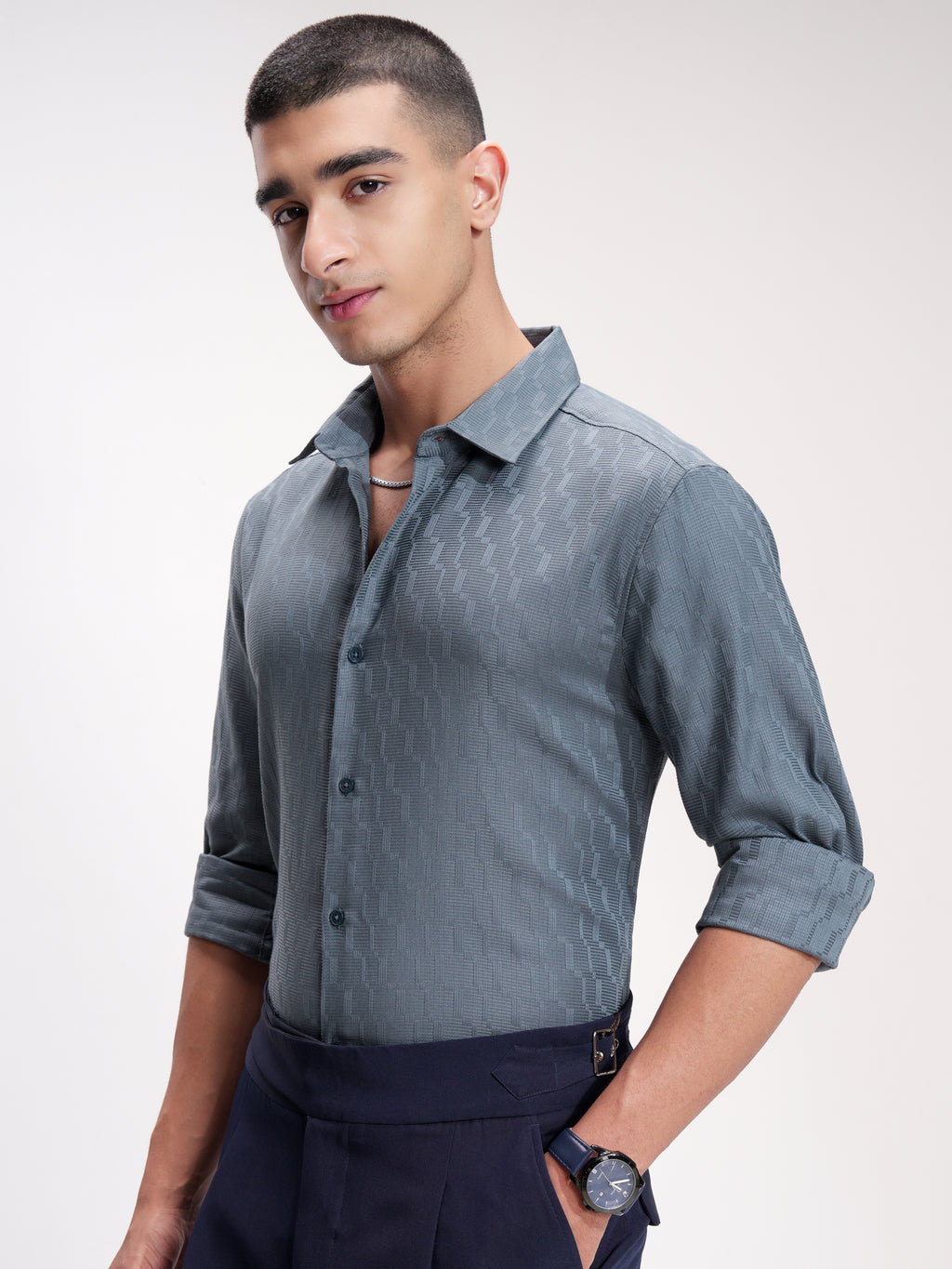 Highlander Men Blue Self Design Slim Fit Casual Shirt - Blue - Image 4