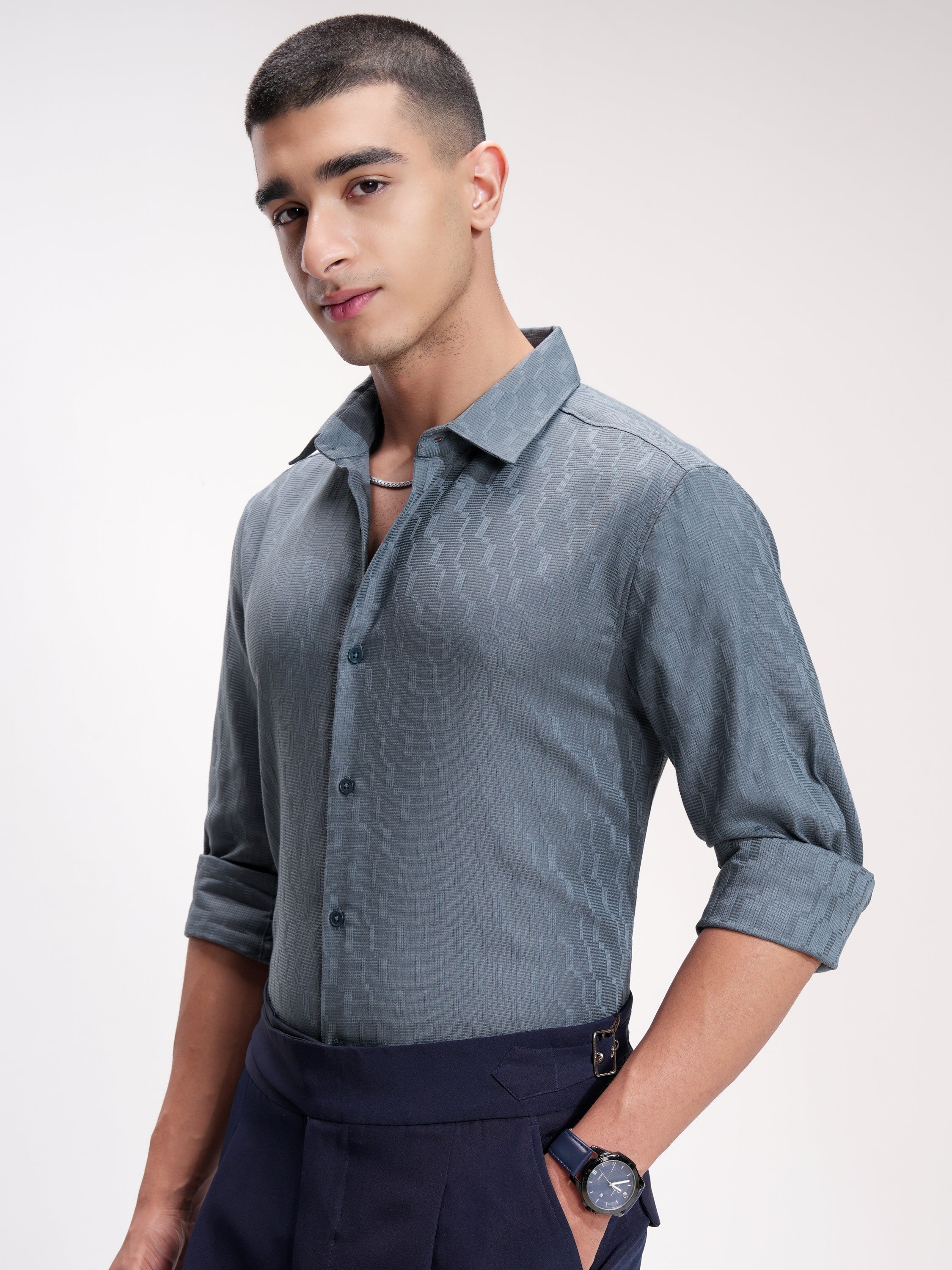 Highlander Men Blue Self Design Slim Fit Casual Shirt - Blue - Image 4