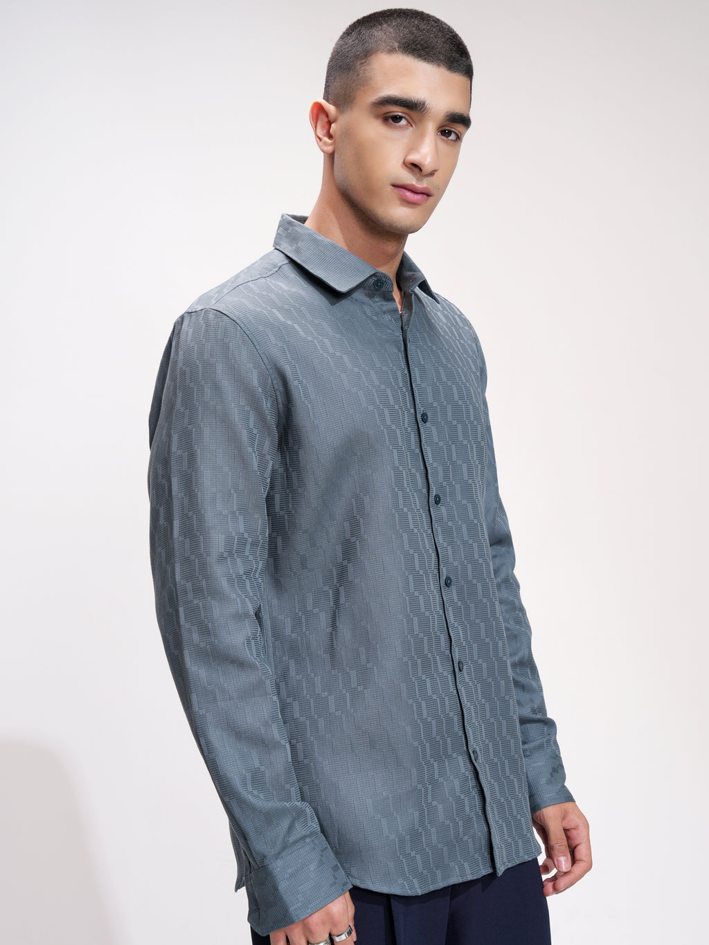 Highlander Men Blue Self Design Slim Fit Casual Shirt - Blue - Image 6