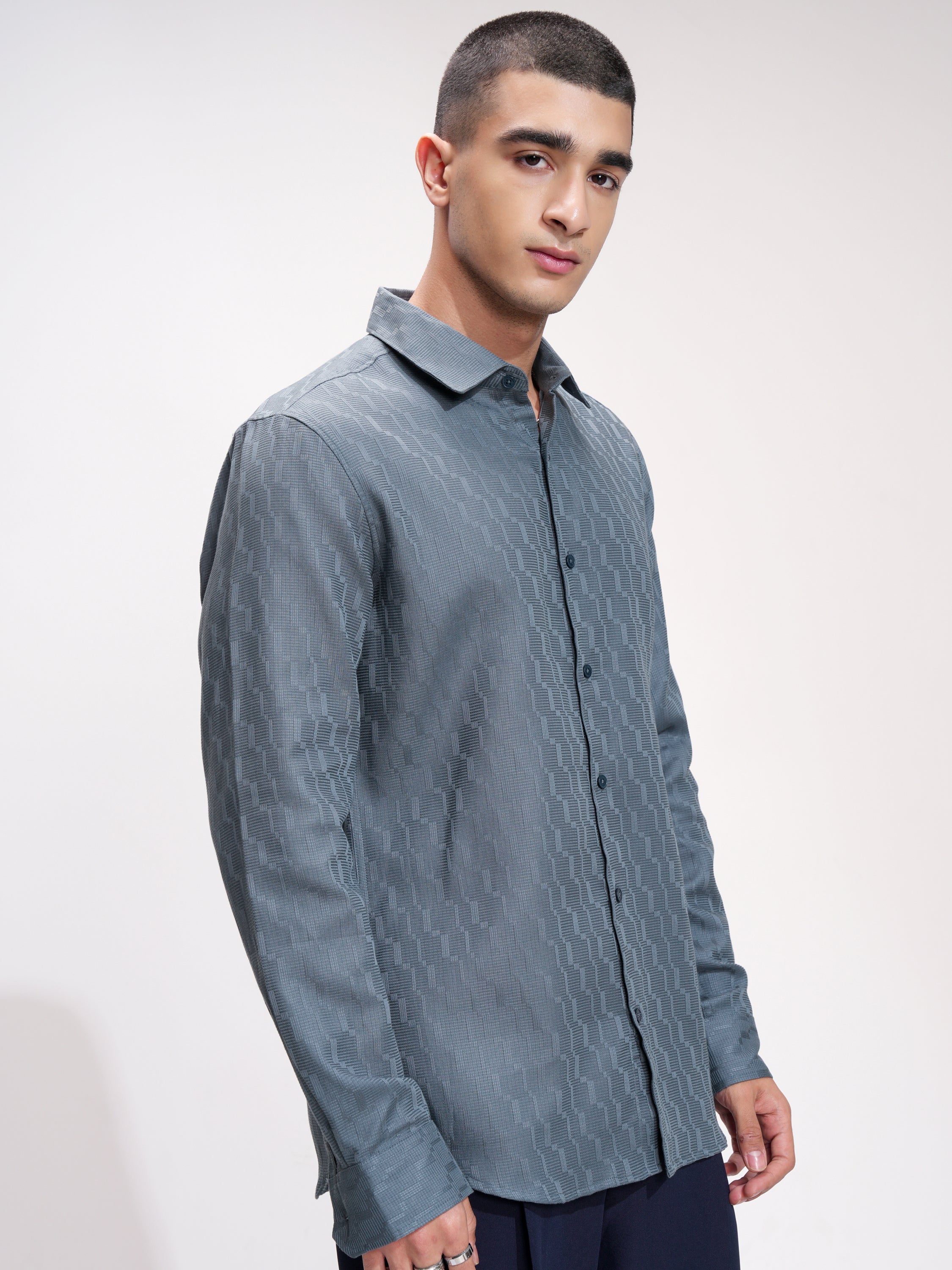 Highlander Men Blue Self Design Slim Fit Casual Shirt - Blue - Image 6
