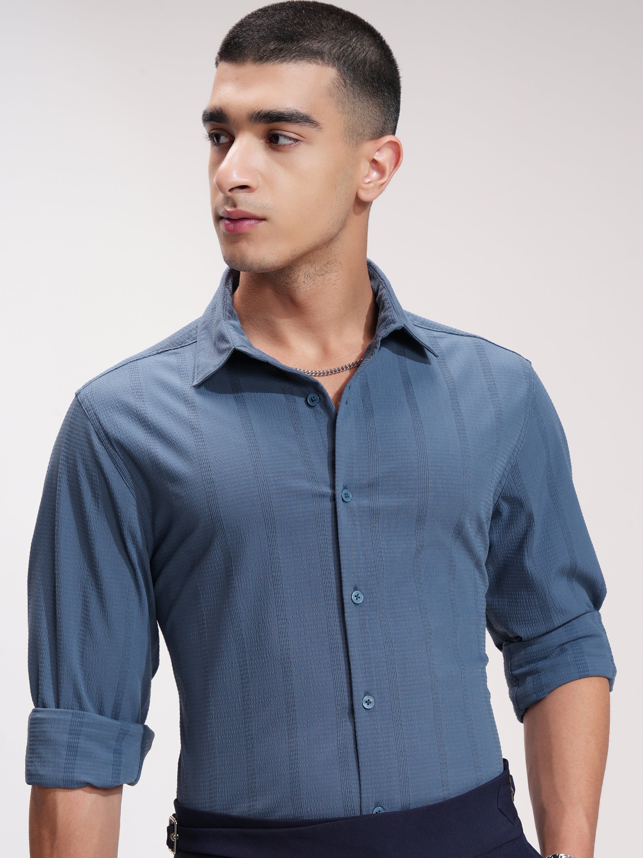 Highlander Men Blue Self Design Slim Fit Casual Shirt - Blue - Image 1