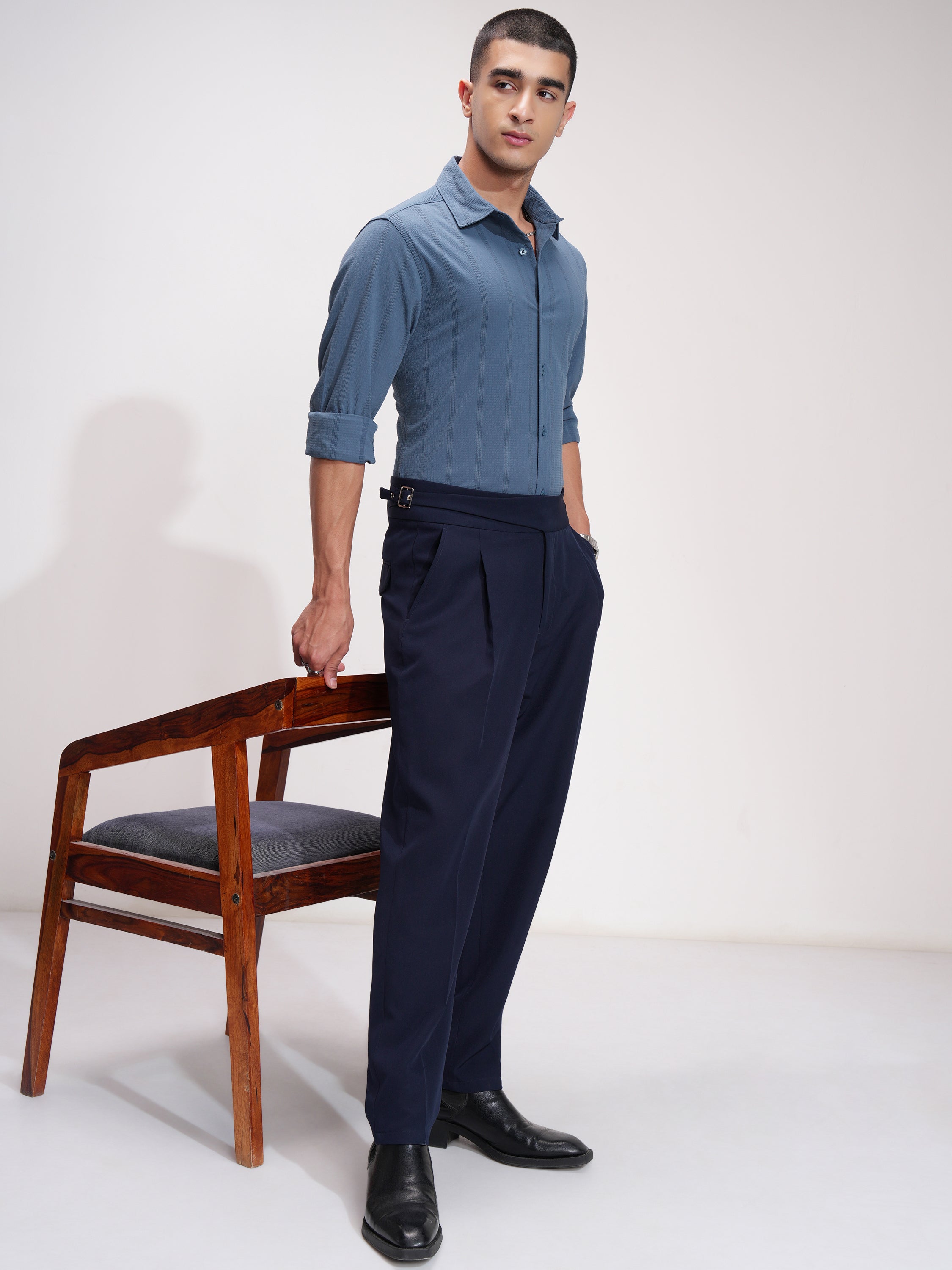 Highlander Men Blue Self Design Slim Fit Casual Shirt - Blue - Image 2