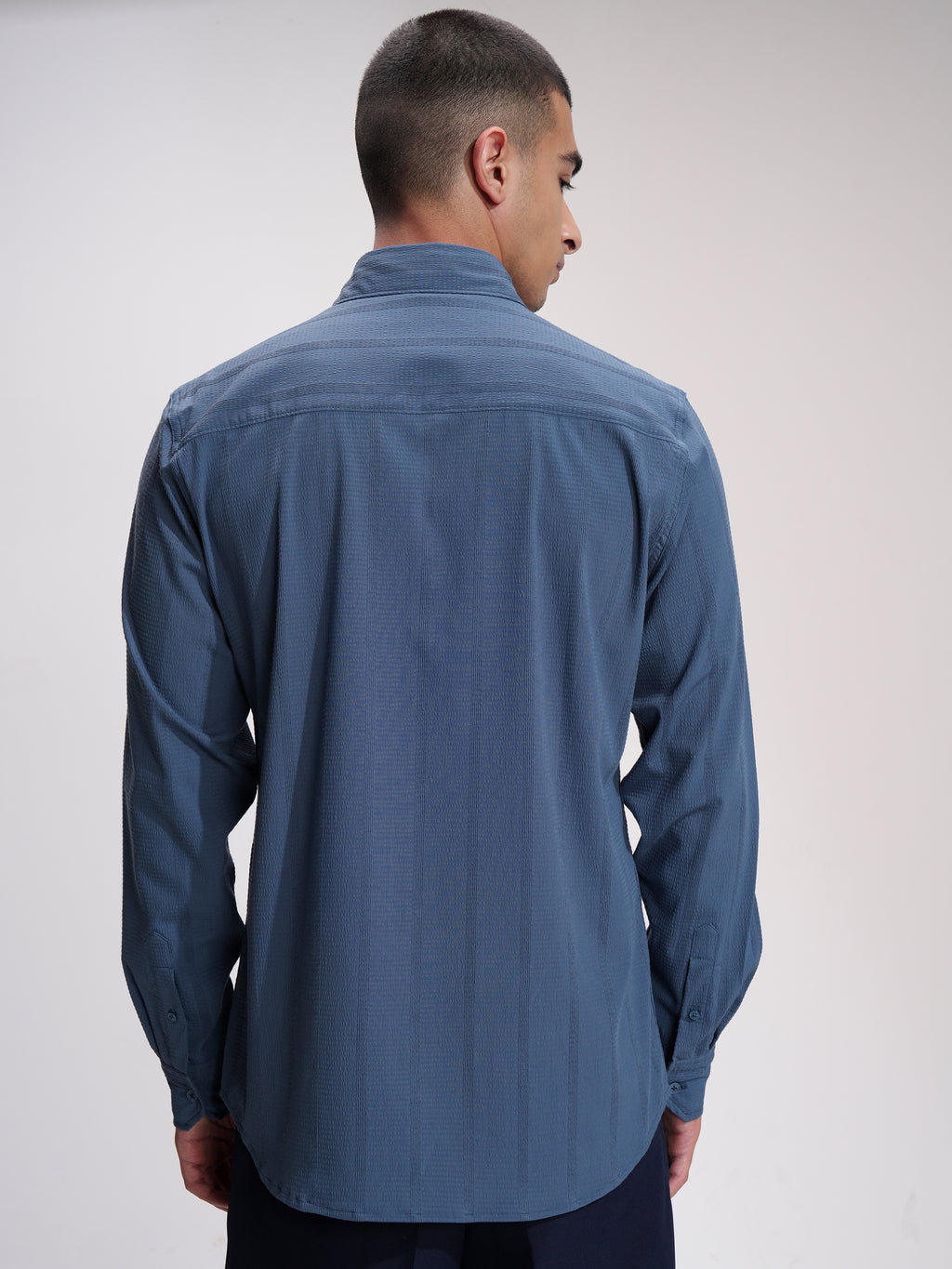 Highlander Men Blue Self Design Slim Fit Casual Shirt - Blue - Image 3