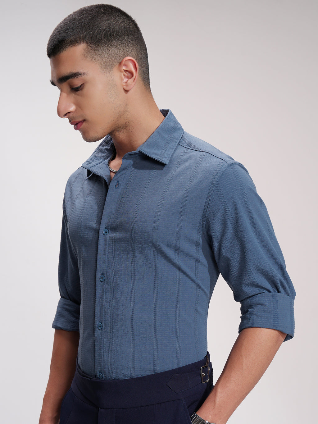 Highlander Men Blue Self Design Slim Fit Casual Shirt - Blue - Image 4