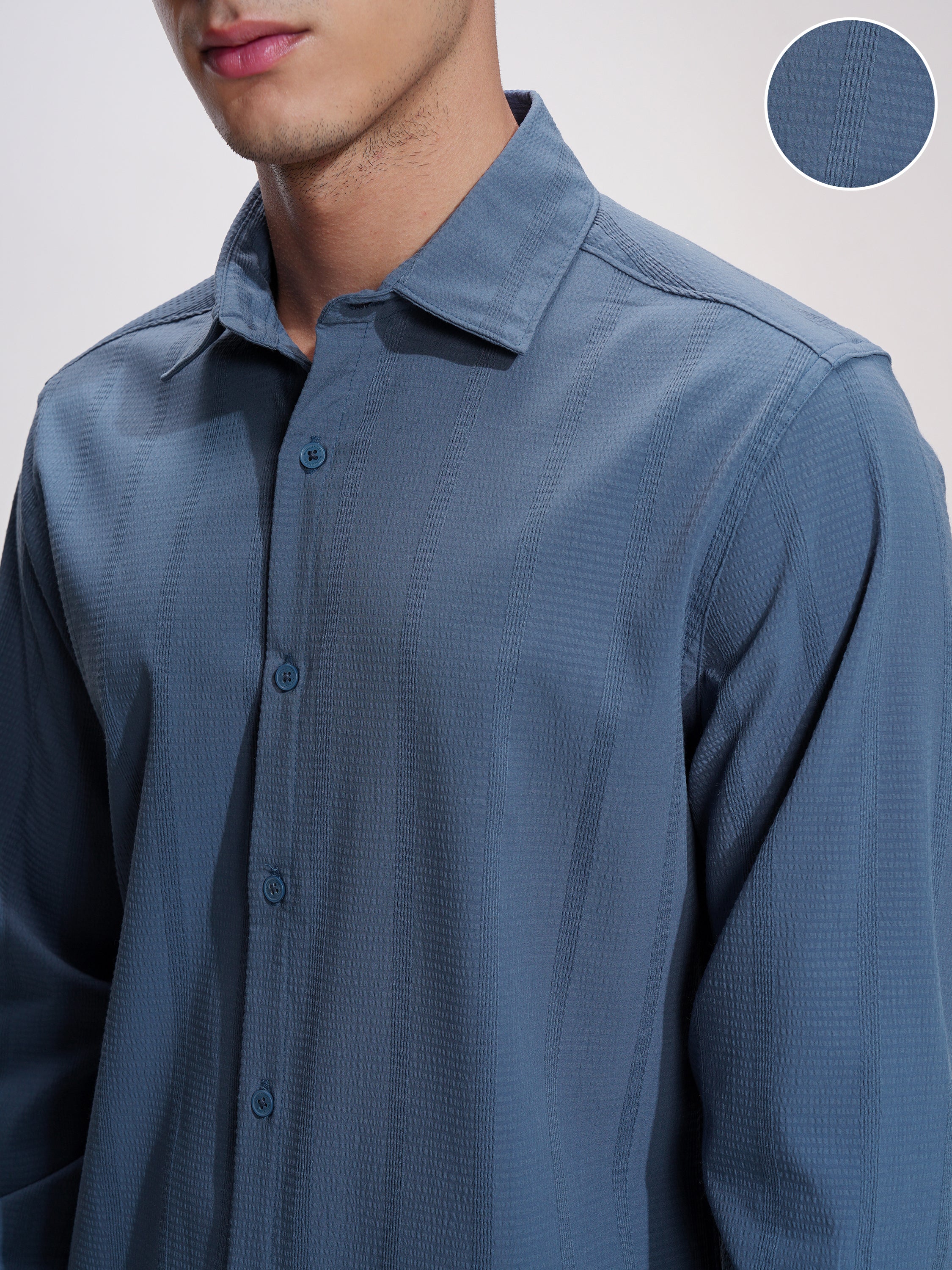 Highlander Men Blue Self Design Slim Fit Casual Shirt - Blue - Image 5