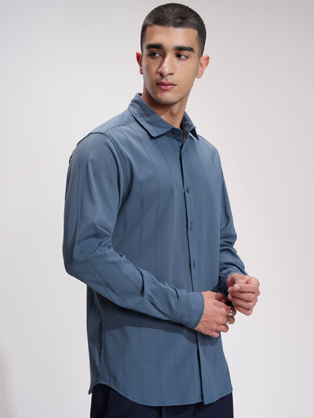 Highlander Men Blue Self Design Slim Fit Casual Shirt - Blue - Image 6