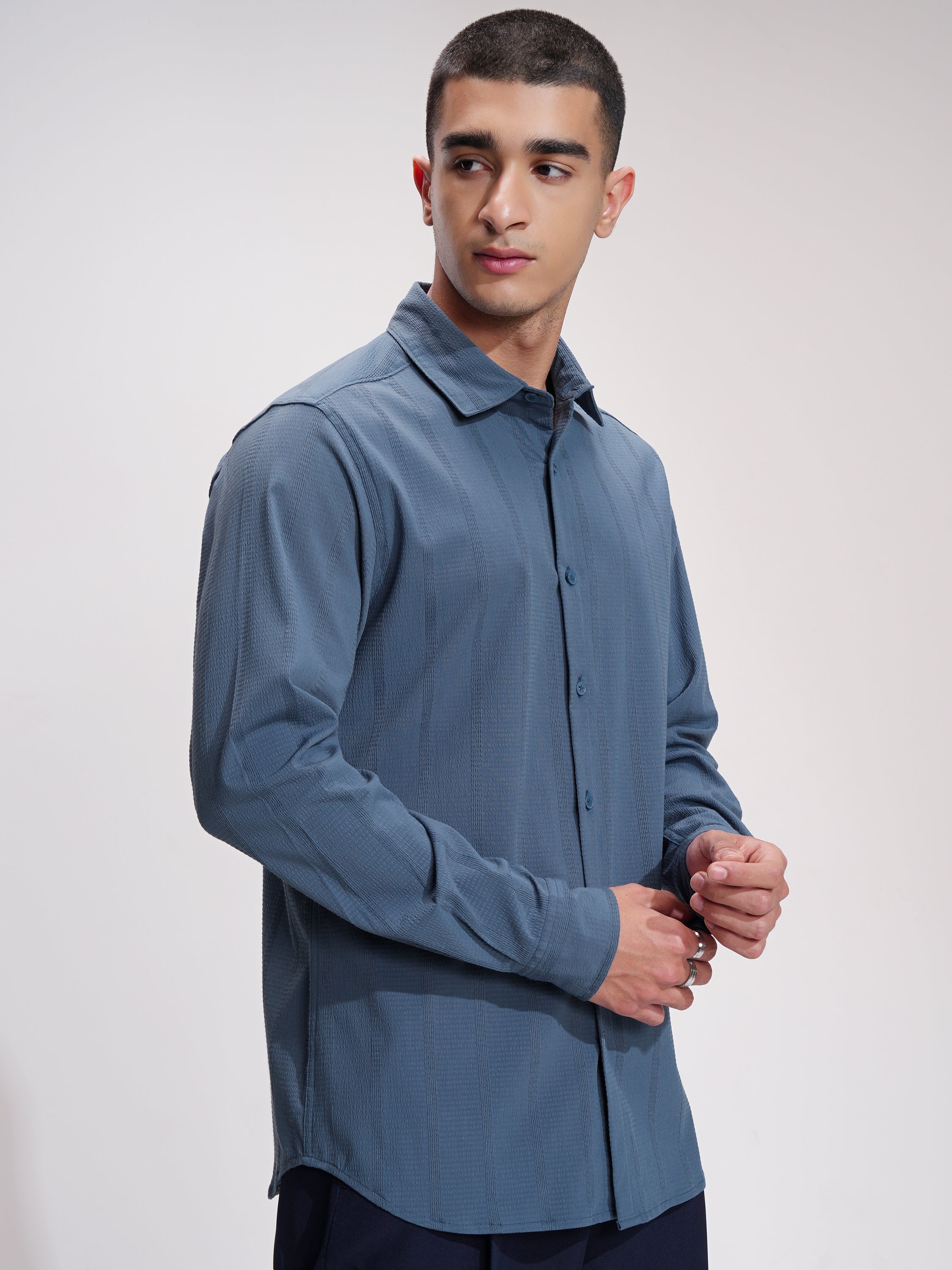 Highlander Men Blue Self Design Slim Fit Casual Shirt - Blue - Image 6