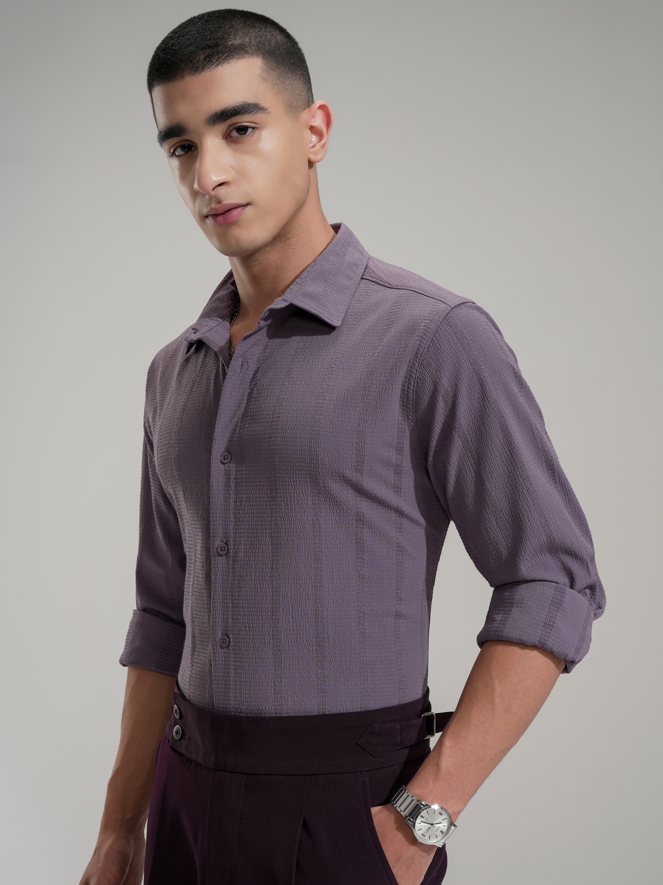 Highlander Men Lavender Self Design Slim Fit Casual Shirt - Lavender - Image 4