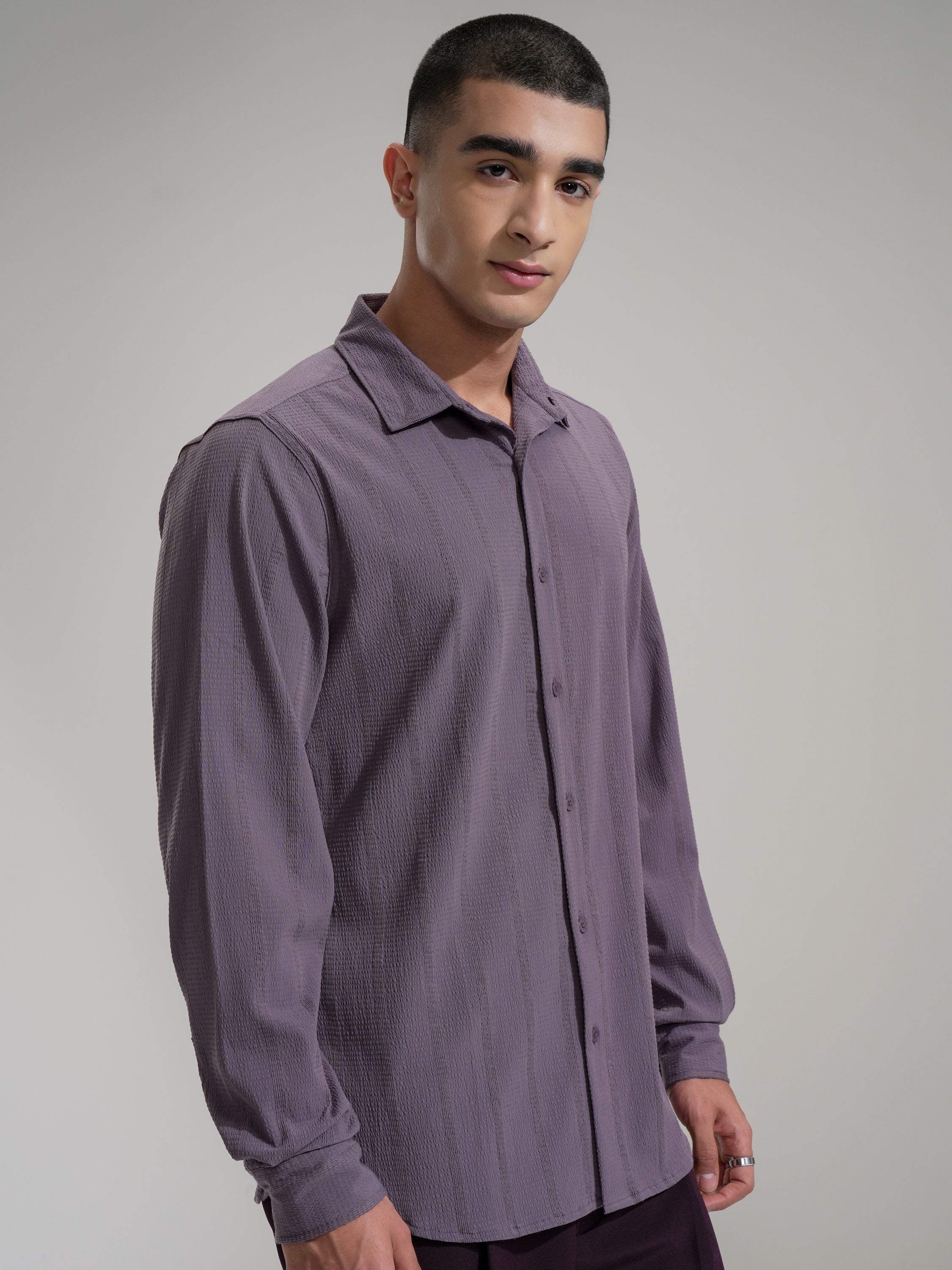 Highlander Men Lavender Self Design Slim Fit Casual Shirt - Lavender - Image 6