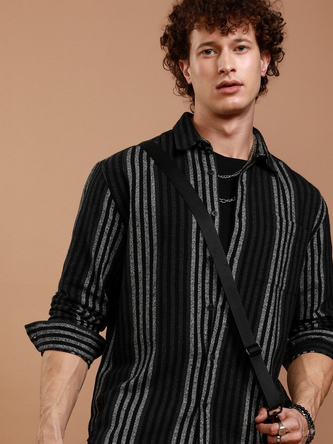 Highlander Men Black Striped Relaxed Fit Casual Shirt - Black - Image 1