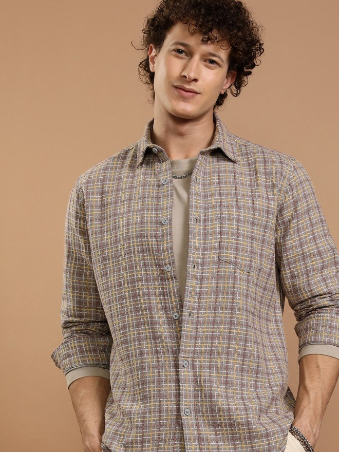 Highlander Men Grey Checked Slim Fit Casual Shirt - Grey - Image 1
