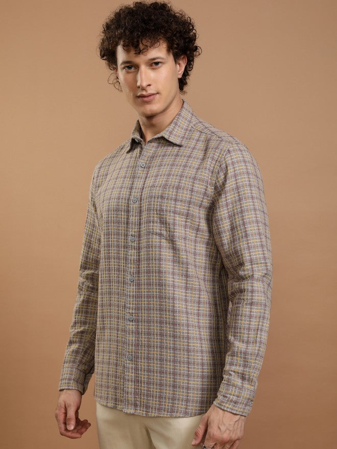 Highlander Men Grey Checked Slim Fit Casual Shirt - Grey - Image 4