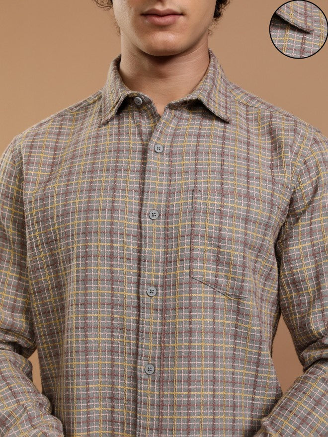 Highlander Men Grey Checked Slim Fit Casual Shirt - Grey - Image 5