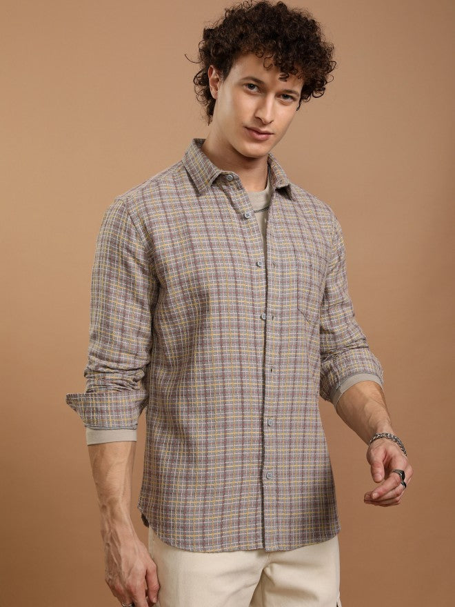 Highlander Men Grey Checked Slim Fit Casual Shirt - Grey - Image 6