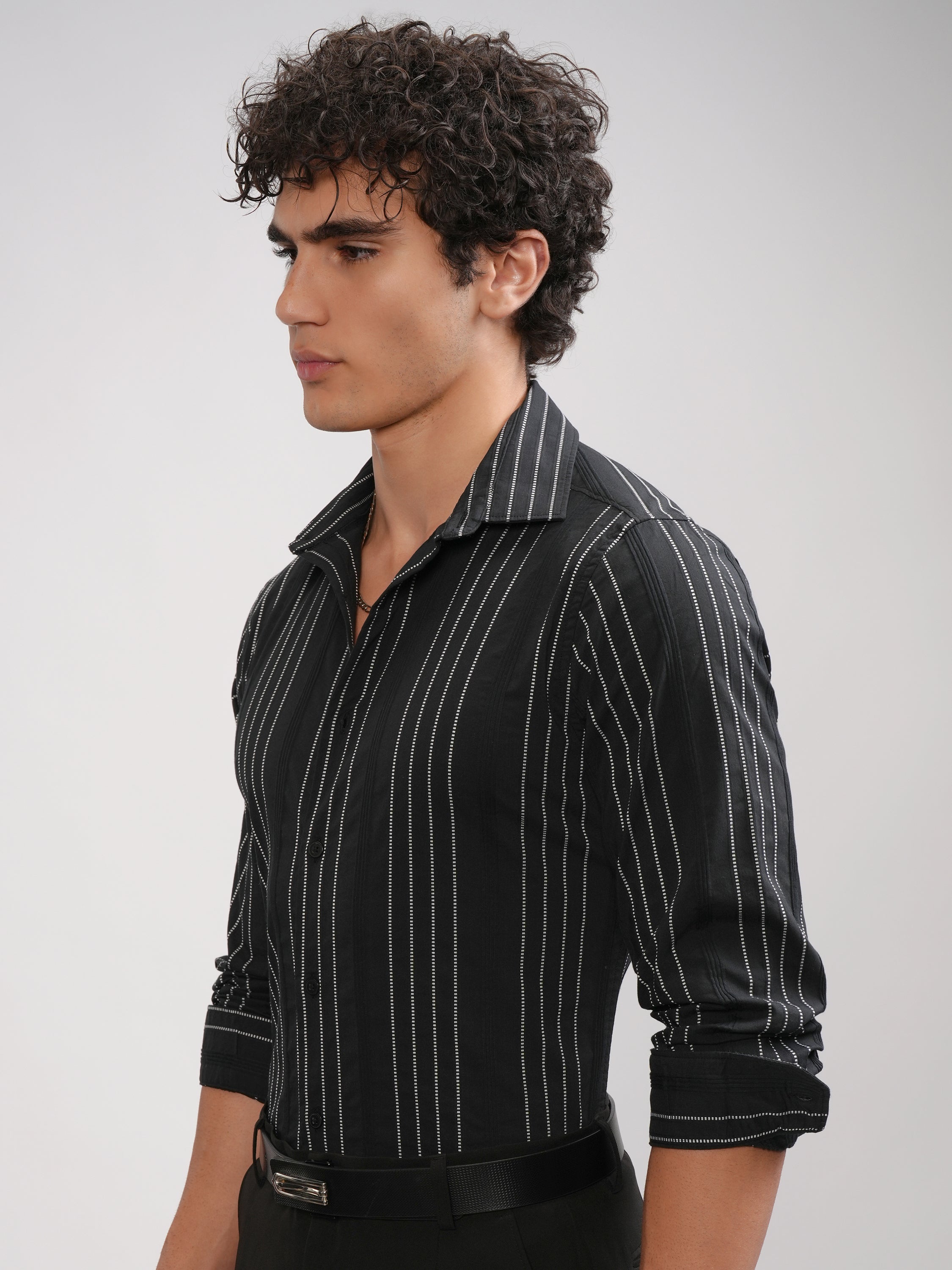 Highlander Men Black Striped Slim Fit Casual Shirt - Black - Image 4