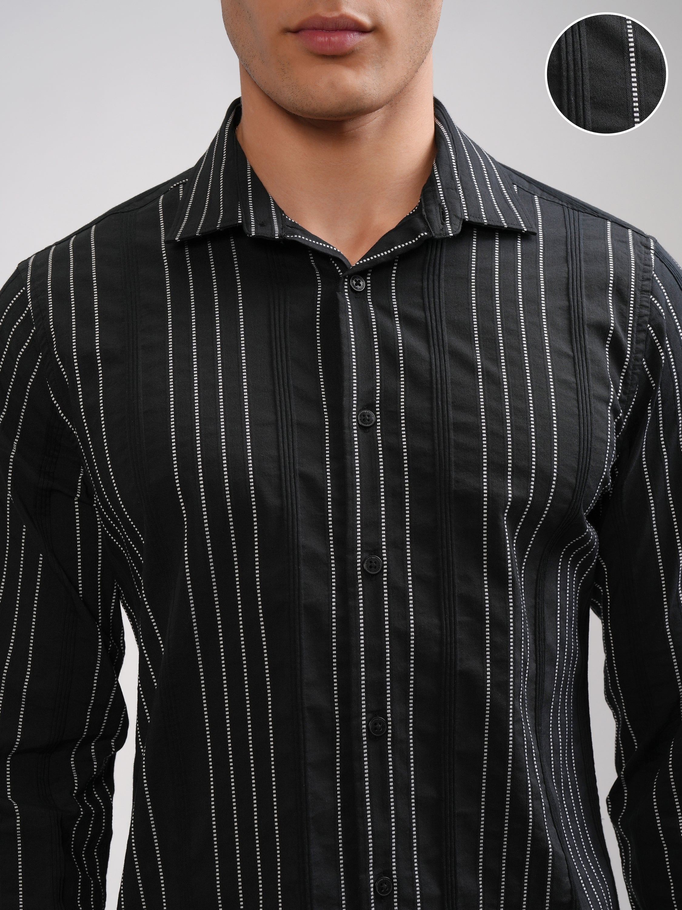 Highlander Men Black Striped Slim Fit Casual Shirt - Black - Image 5