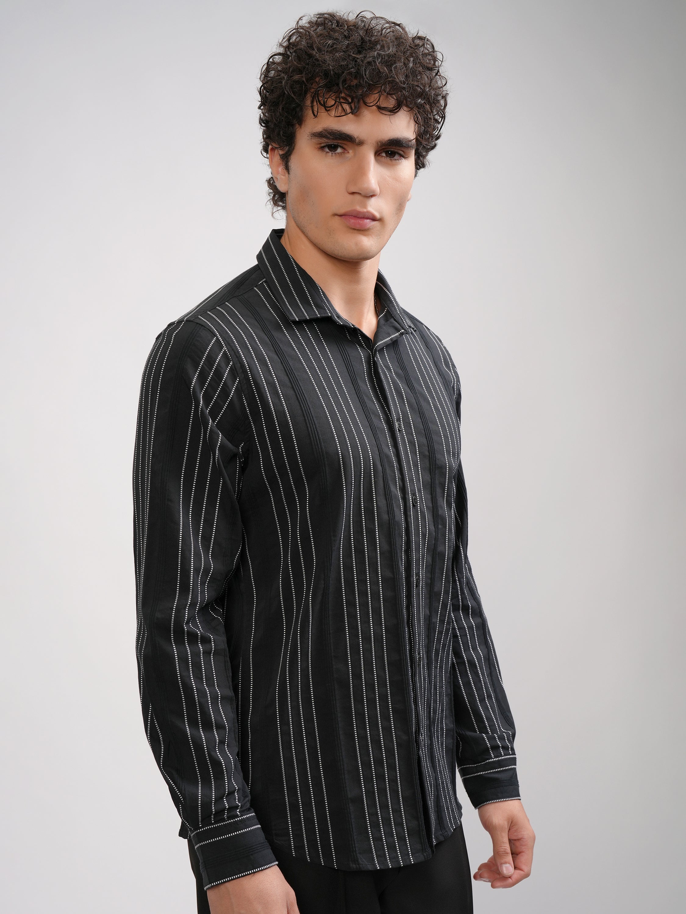 Highlander Men Black Striped Slim Fit Casual Shirt - Black - Image 6